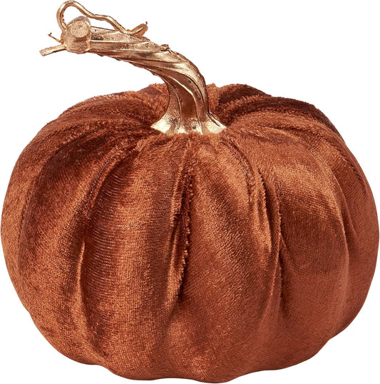 Brown Velvet Decorative Pumpkin | Dark Orange Fall Harvest Tabletop Décor with Gold Stem | 6”