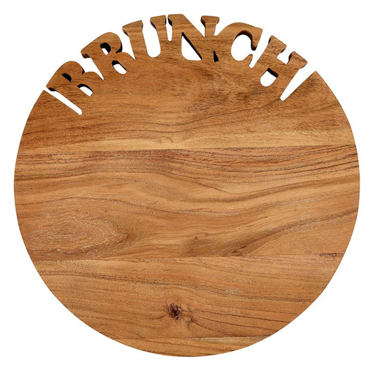 Wooden round cutting board with 'BRUNCH' cutout on a white background