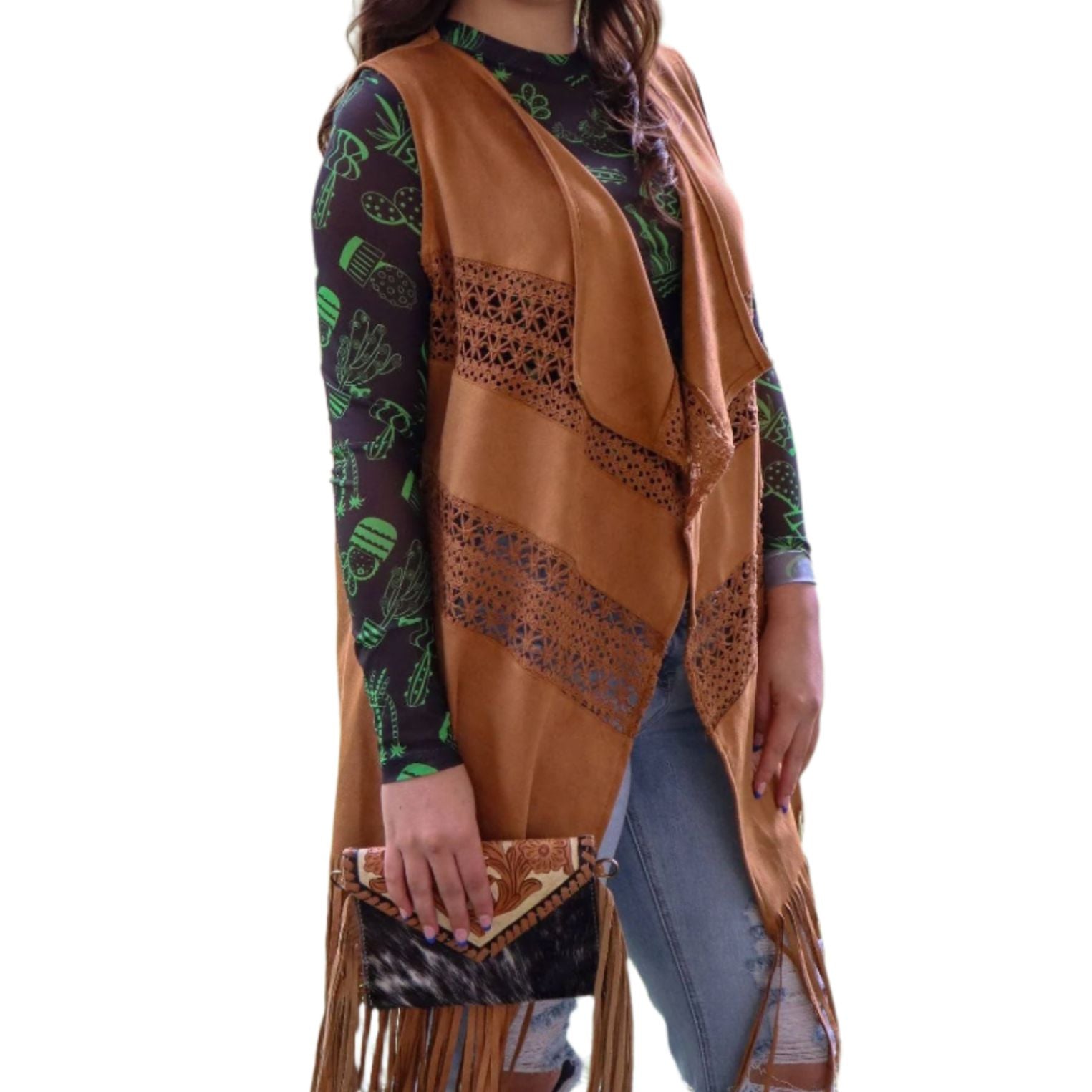 Buffalo Bill Vegan Suede Crochet Duster in Brown | Open-front Coat Outerwear [Sizes SM and Plus]