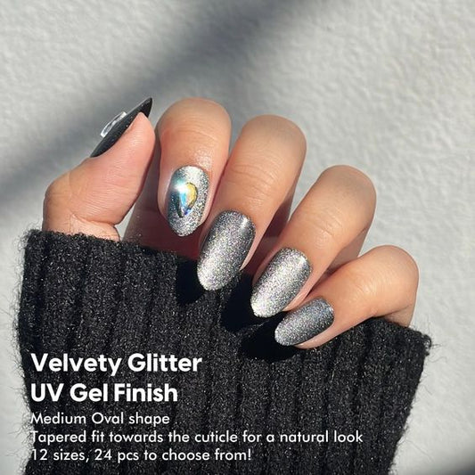 Buffi Charmed Press-On Nails Northern Lights | Velvety UV Glitter Gel Finish | Medium Oval Shape