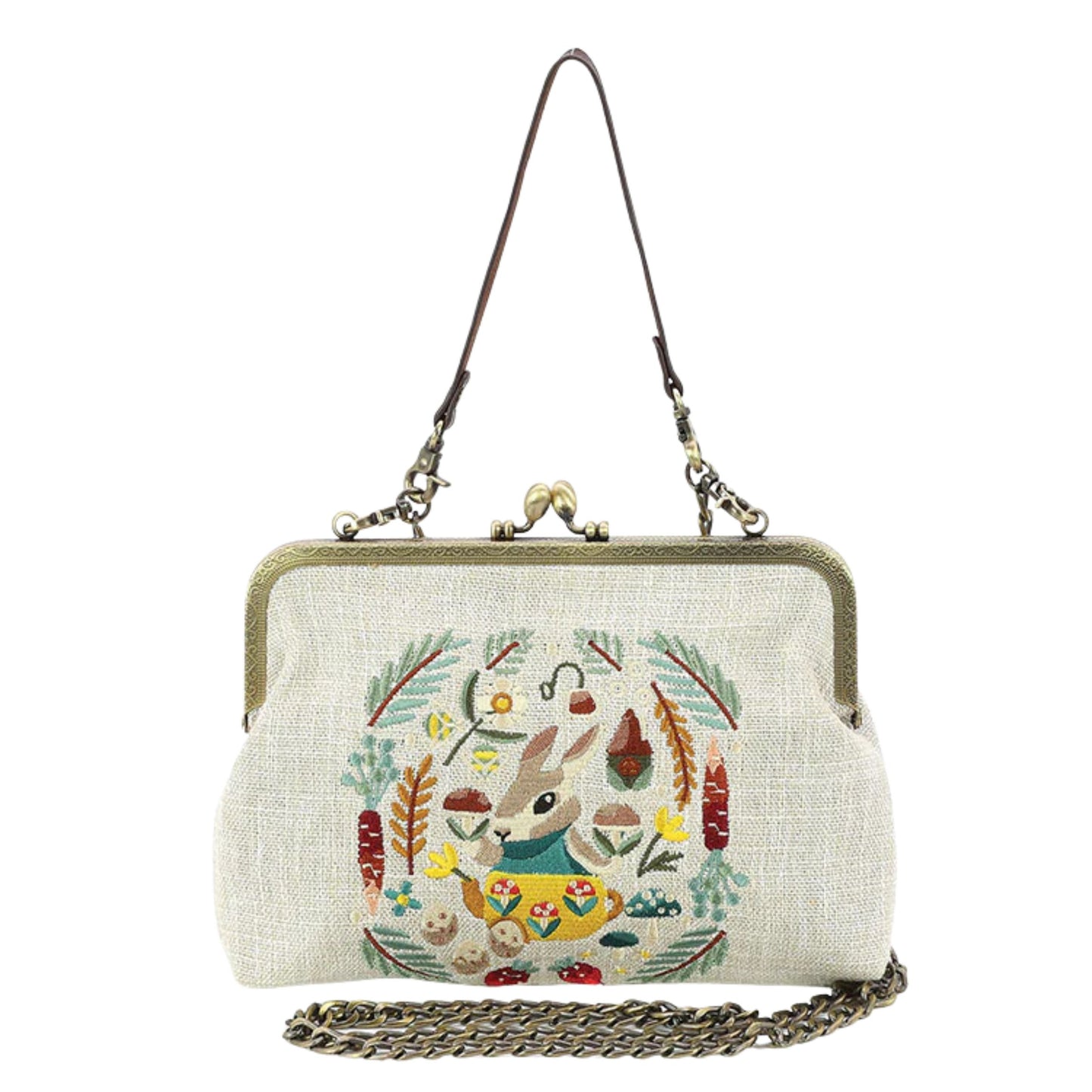 Bunny Kisslock Bag in Linen | Embroidered Design Handheld Shoulder Bag