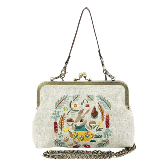 Bunny Kisslock Bag in Linen | Embroidered Design Handheld Shoulder Bag