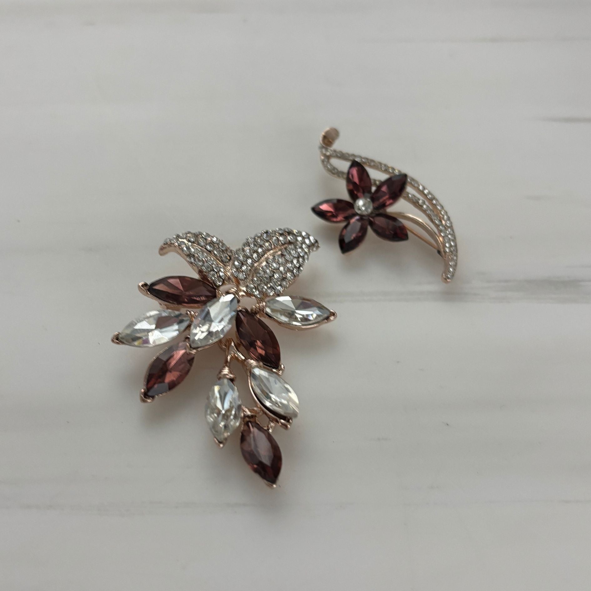 Burgundy Hue Brooch Set of 2 | Coordinating Gem & Gold Brooches