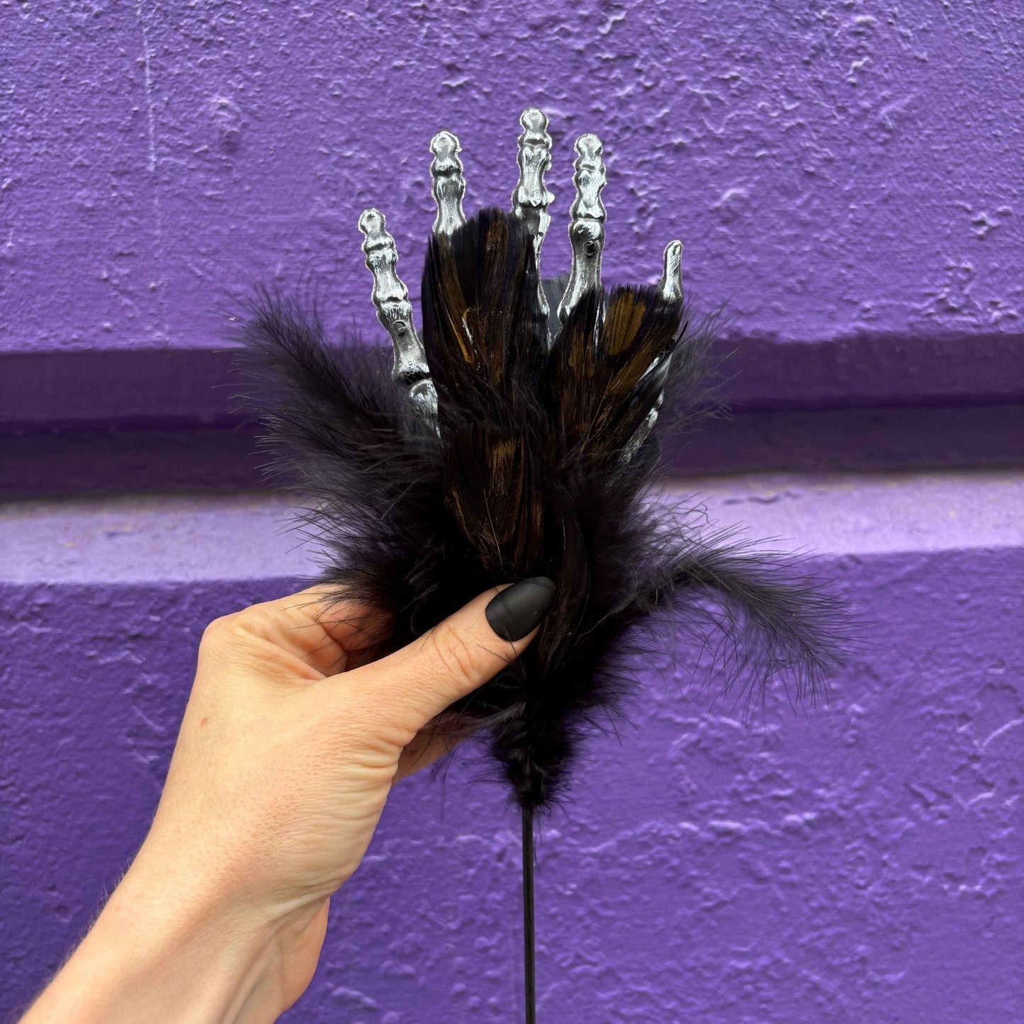 Burlesque Corpse Skeleton Hand Feather Floral Pick in Black | Halloween Theme Decor