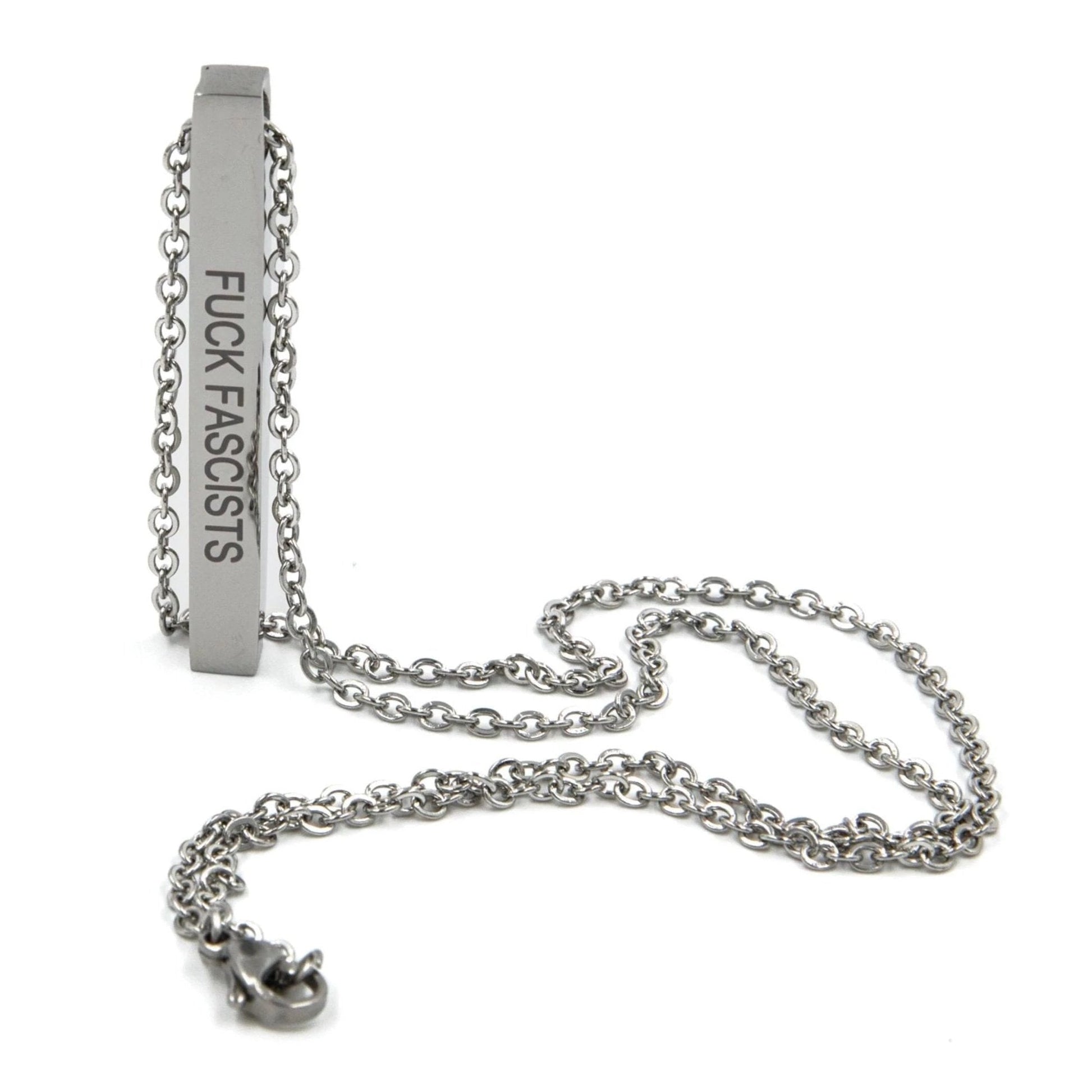 Burn the Patriarchy 🔥 Fuck Fascists Stainless Steel Bar Necklace | Minimalist Feminism Pendant Engraved on Two Sides
