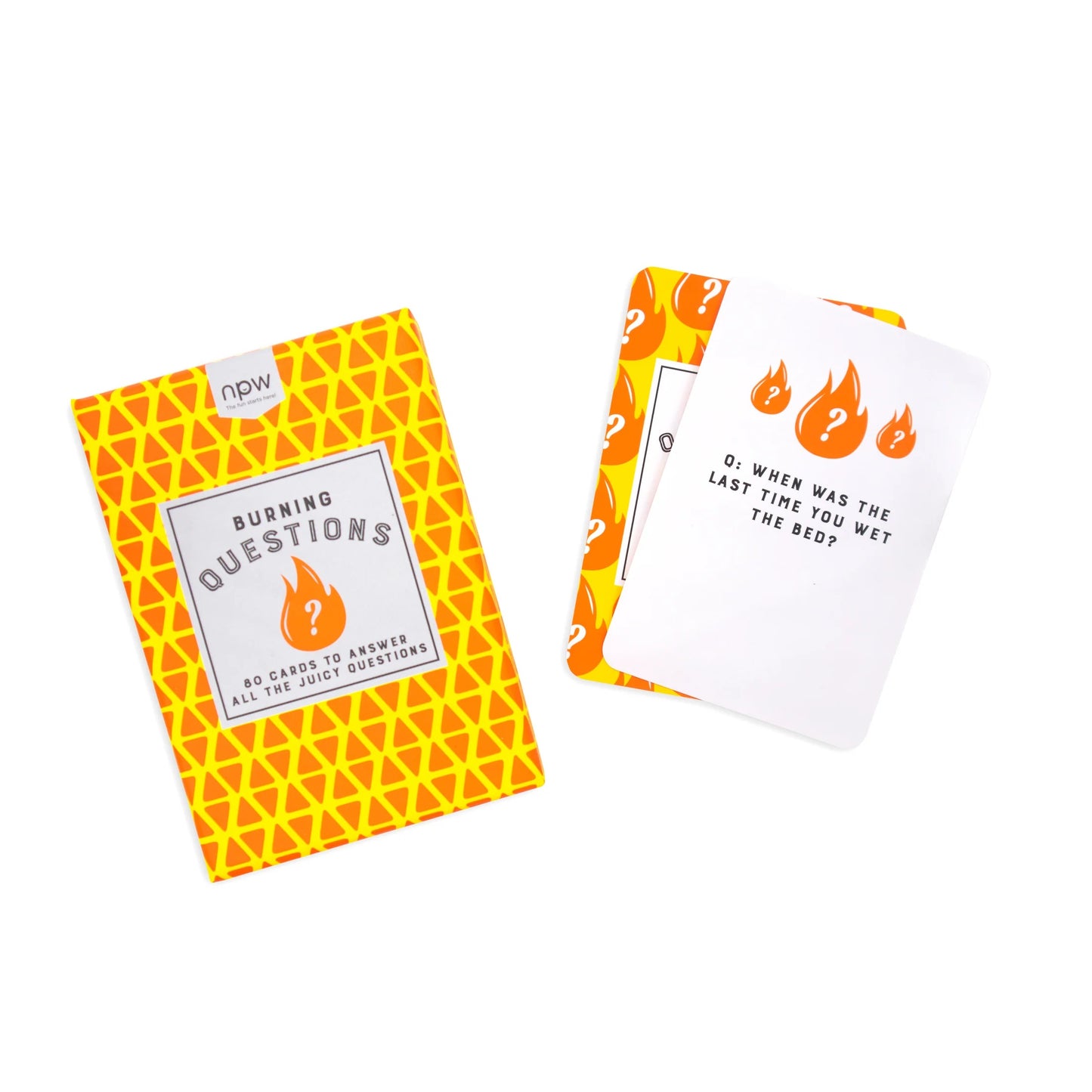 Card game set with yellow and orange packaging and white cards on a white background