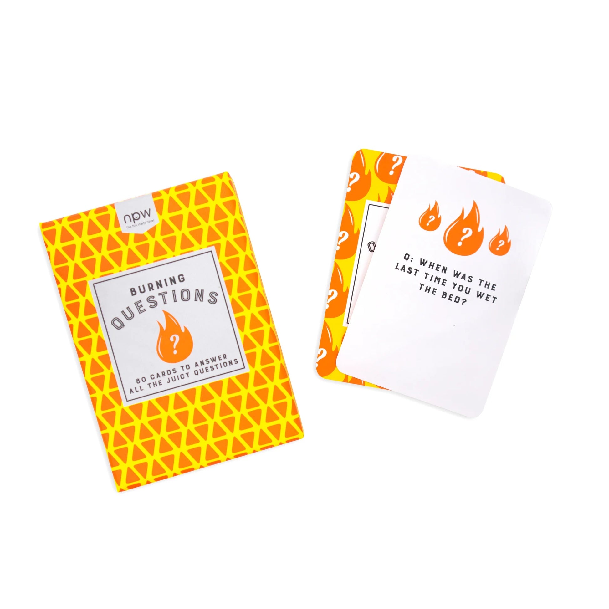 Card game set with yellow and orange packaging and white cards on a white background
