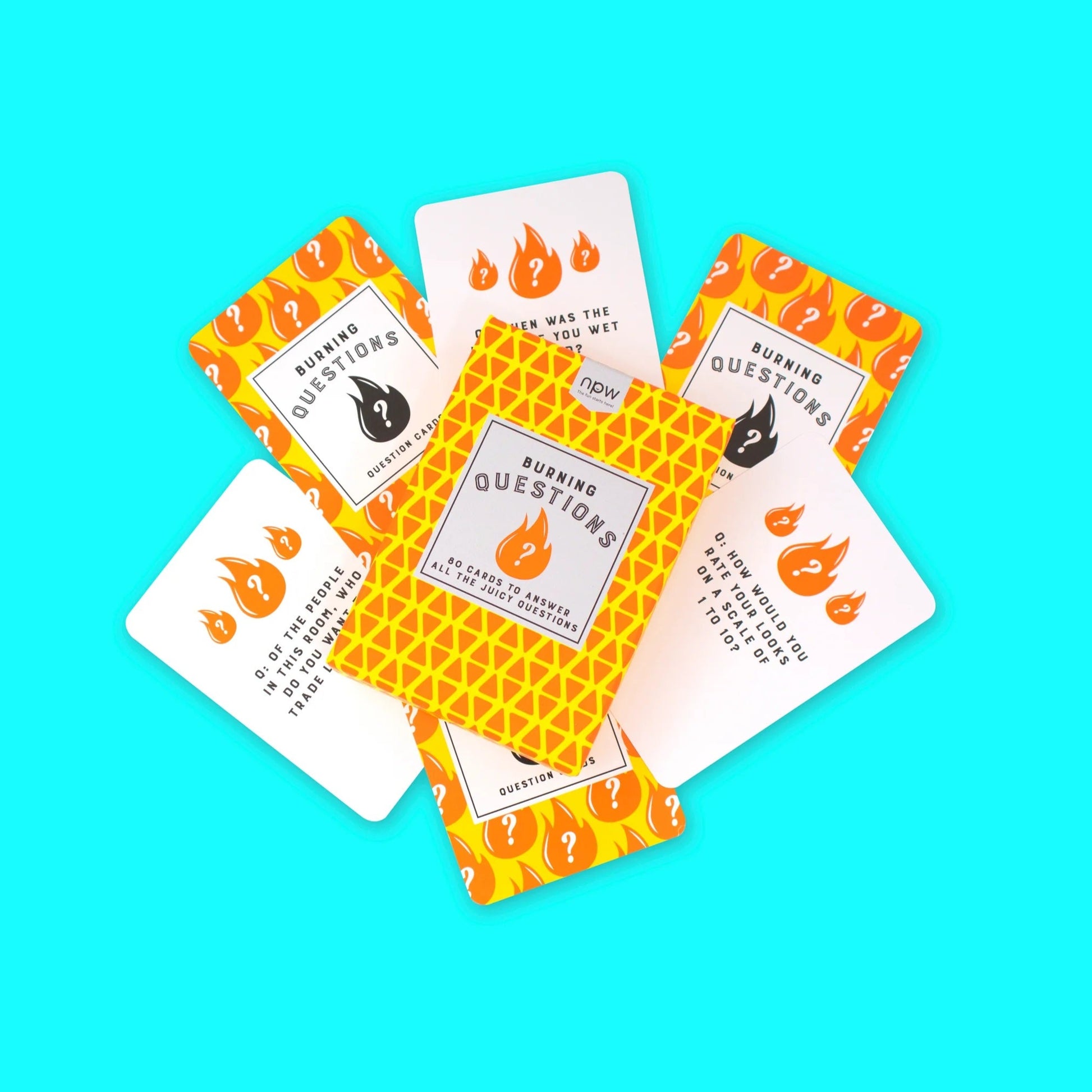 Set of 'Burning Questions' cards on a blue background