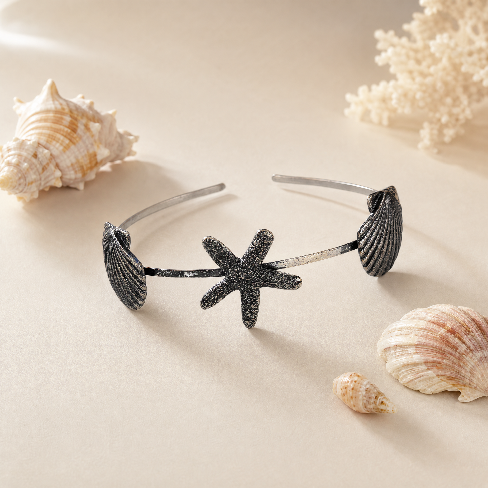 Burnished Silver Mermaid Headband Tiara | Shell & Sea Star Charm Crown