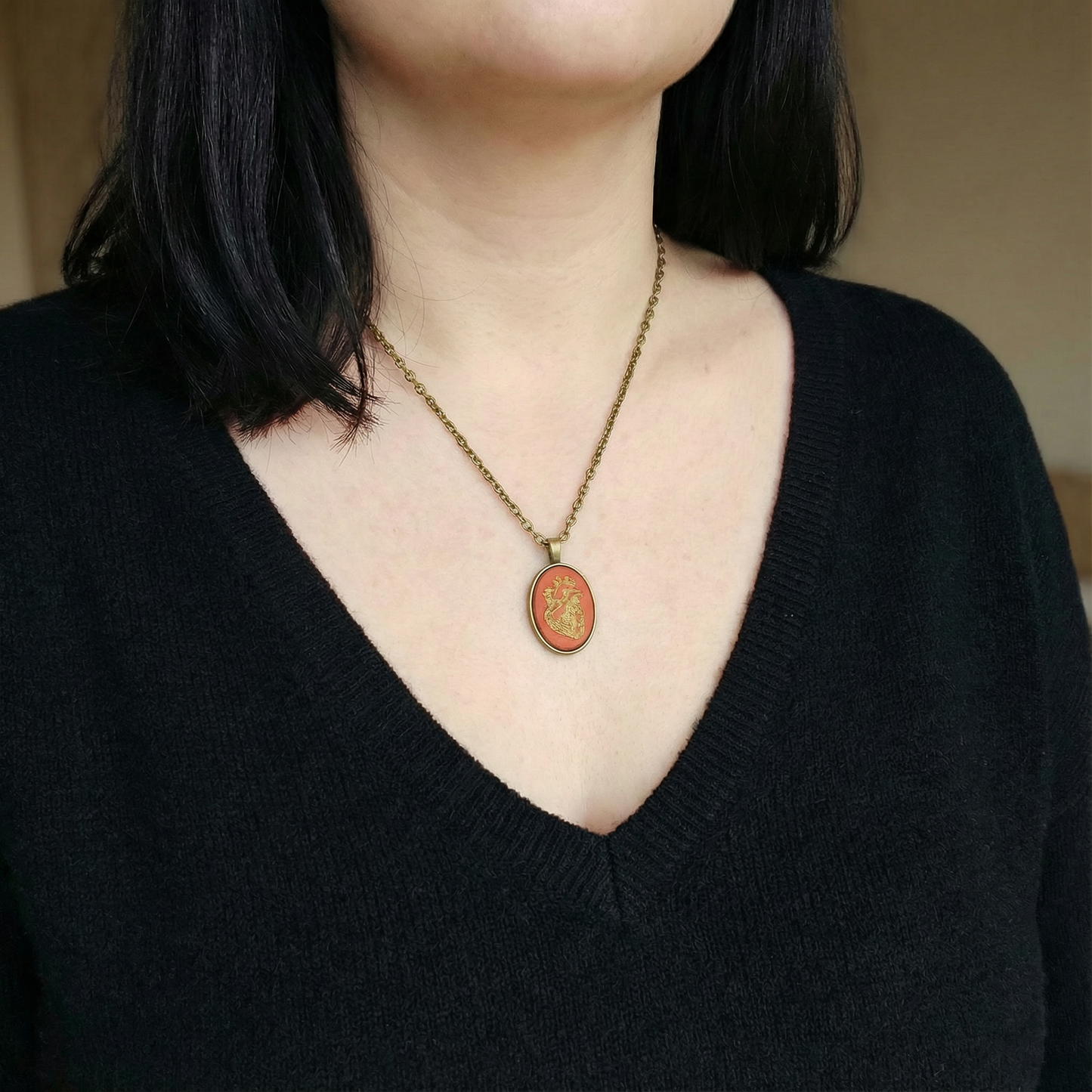 Burnt Red Anatomical Heart Small Cameo Oval Pendant | Brass | Handmade
