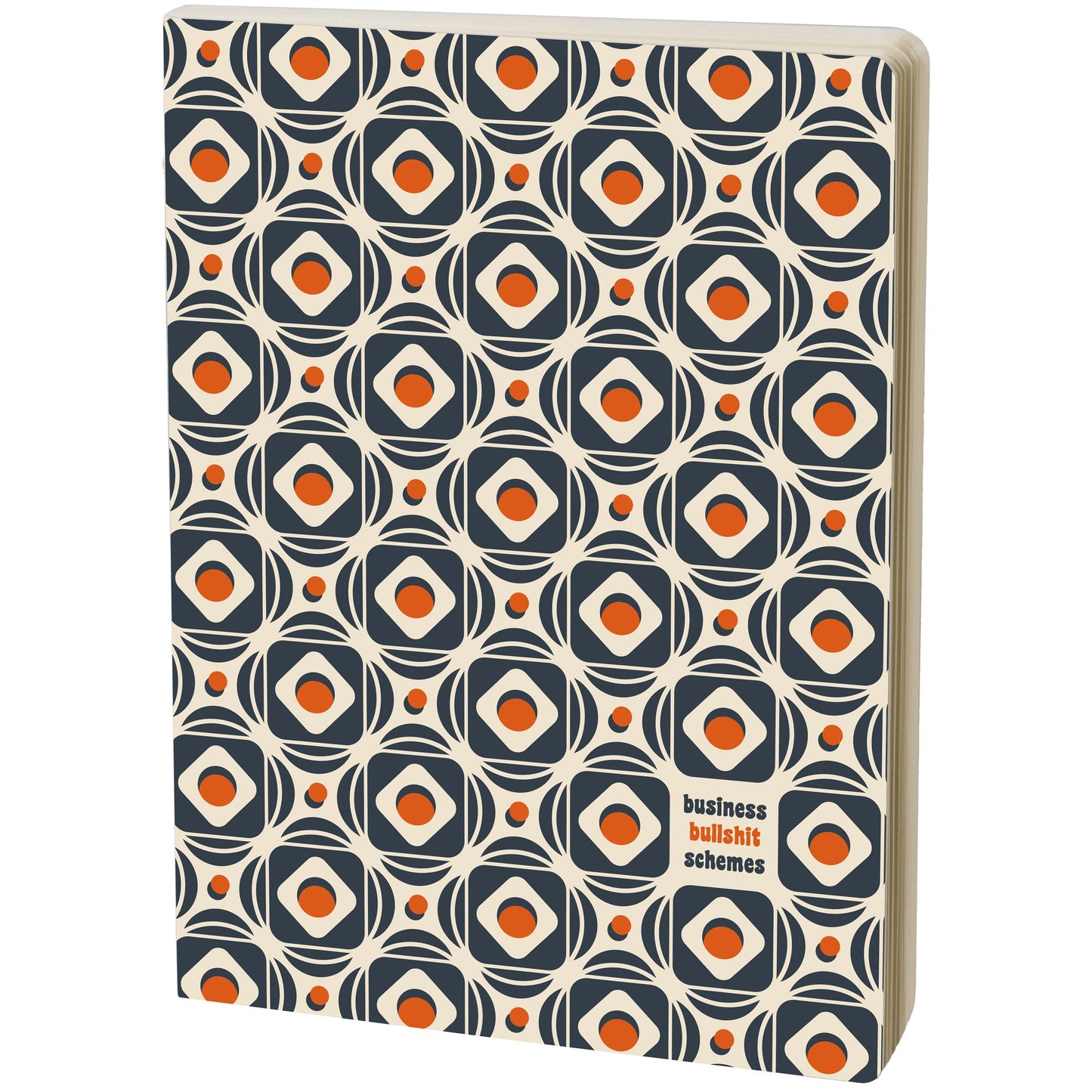 Notebook with geometric pattern and 'business bullshit schemes' text on a white background