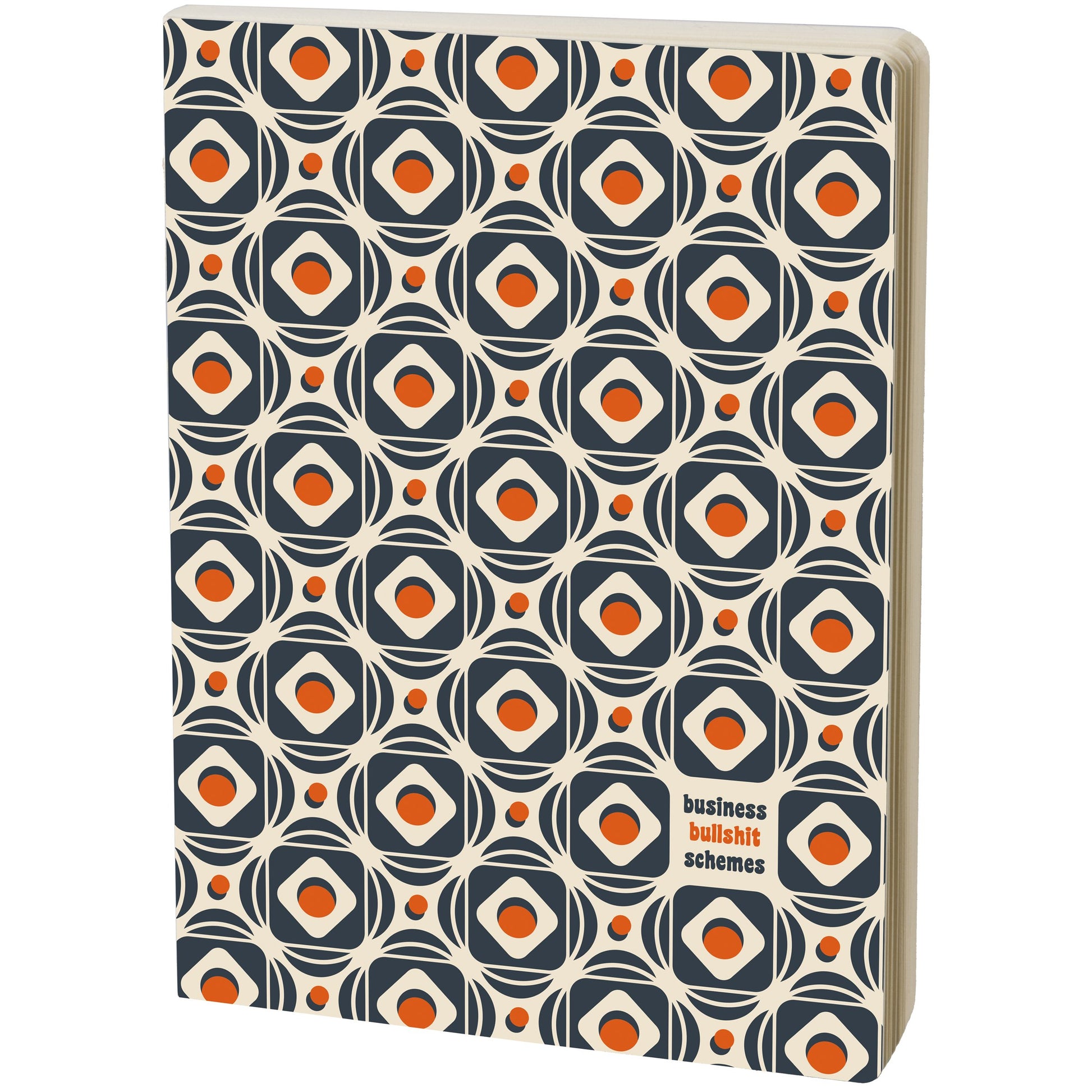 Notebook with geometric pattern and 'business bullshit schemes' text on a white background