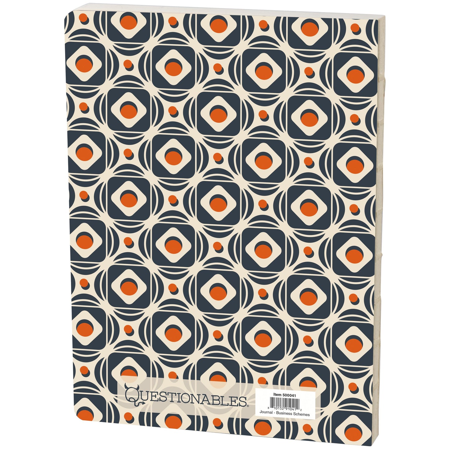 Notebook with geometric pattern and 'Questionables' branding on a white background