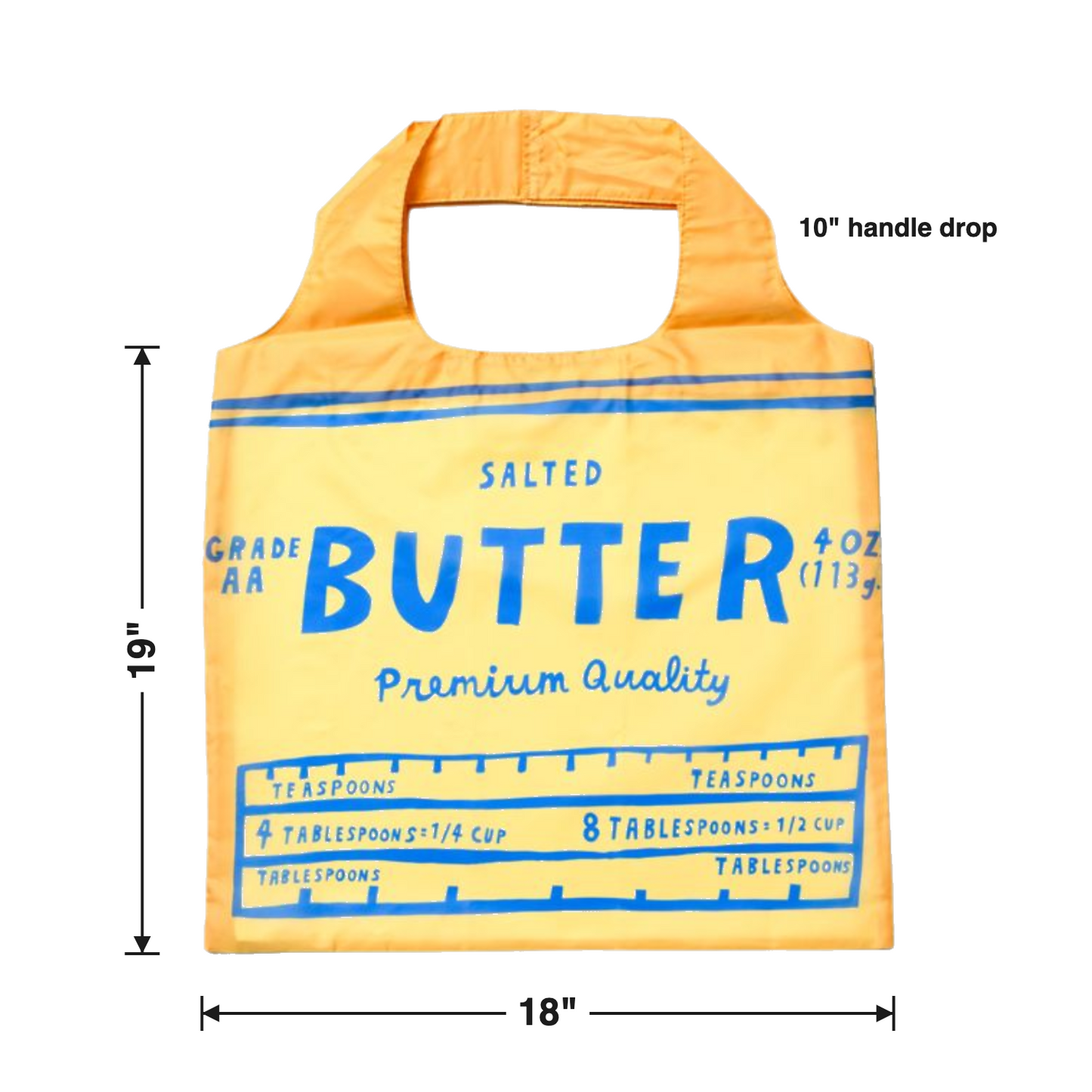 Size chart — bag 18" W x 19" H, 10" handle drop