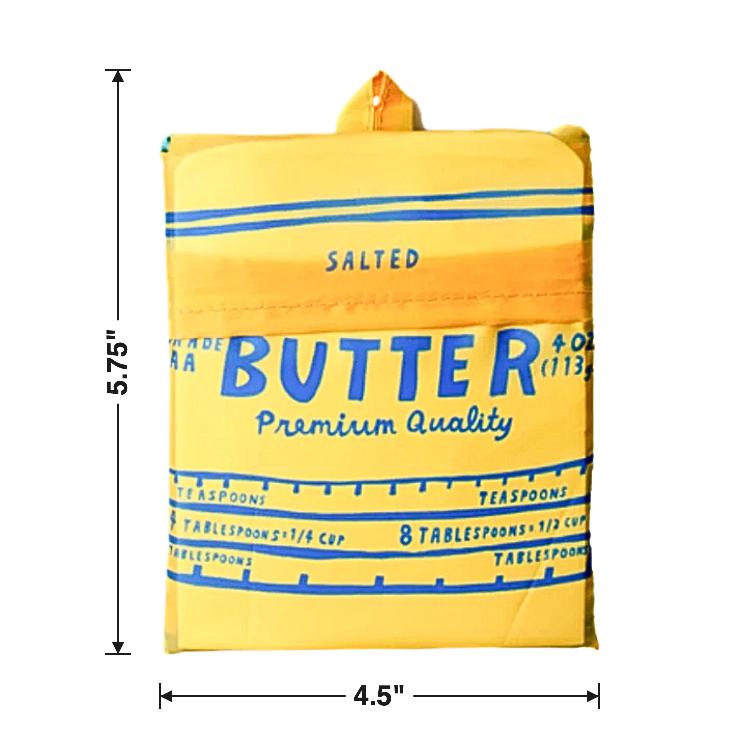 Size chart — folds into 4.5" W x 5.75" H pouch