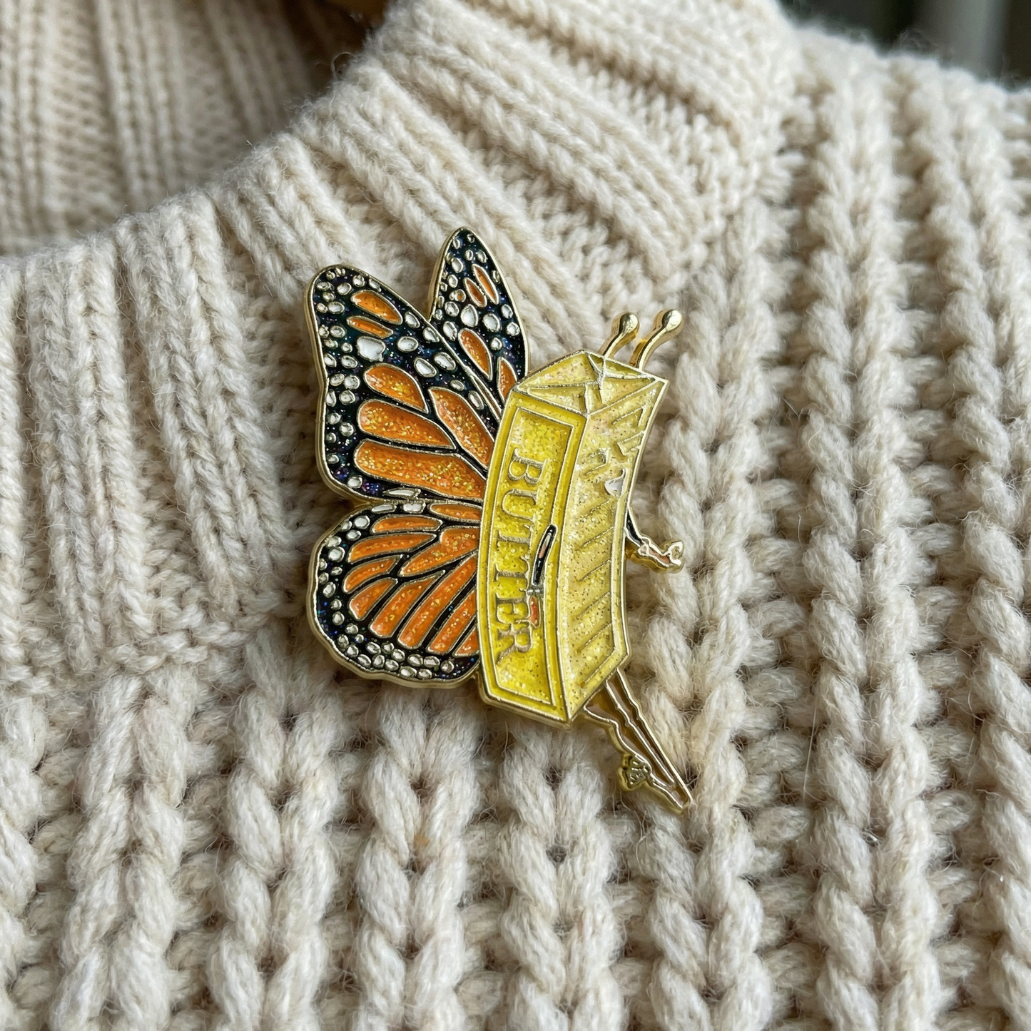 Butter Fly Soft Enamel Pin | Glitter Butter Stick Butterfly Pun Gold Pin