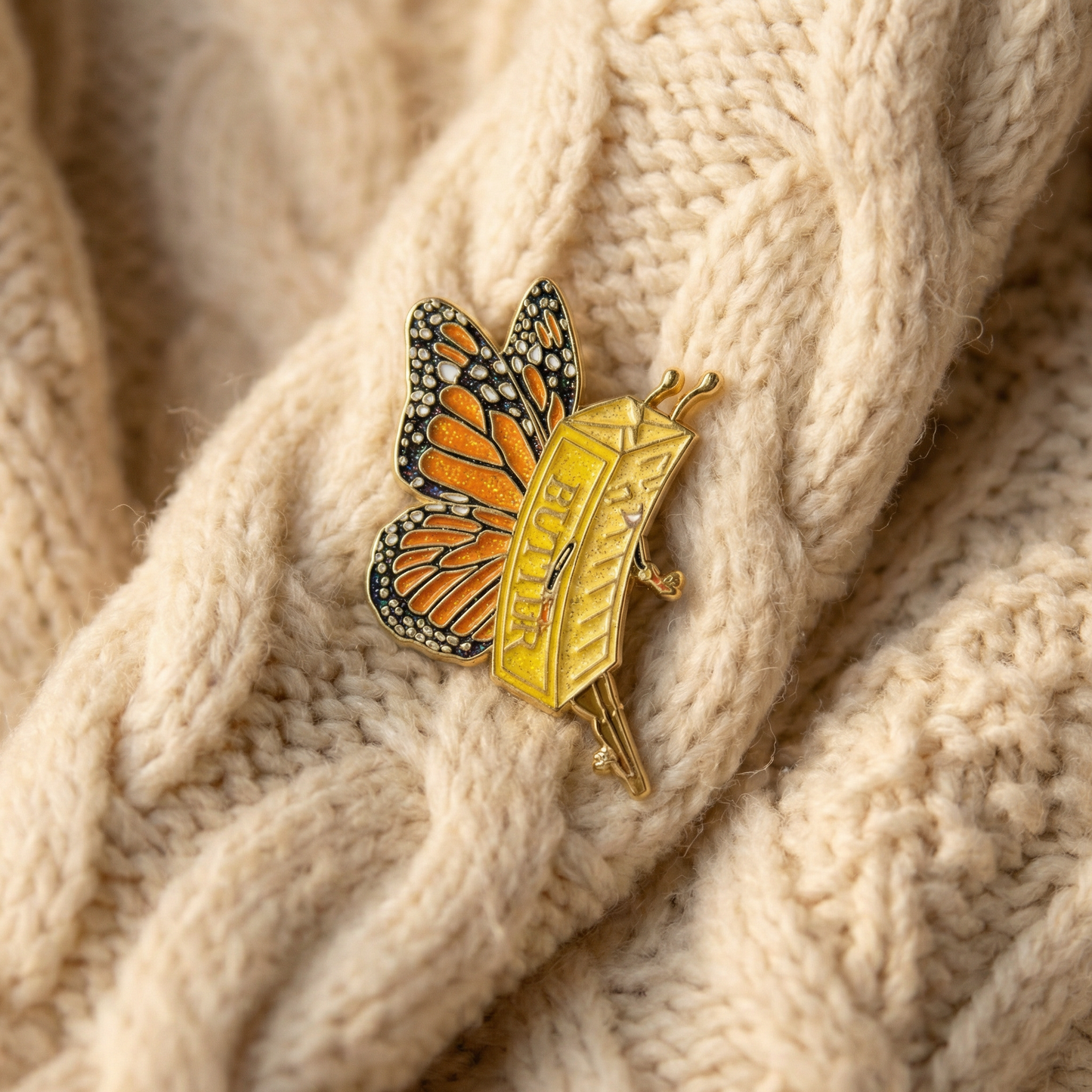 Butter Fly Soft Enamel Pin | Glitter Butter Stick Butterfly Pun Gold Pin