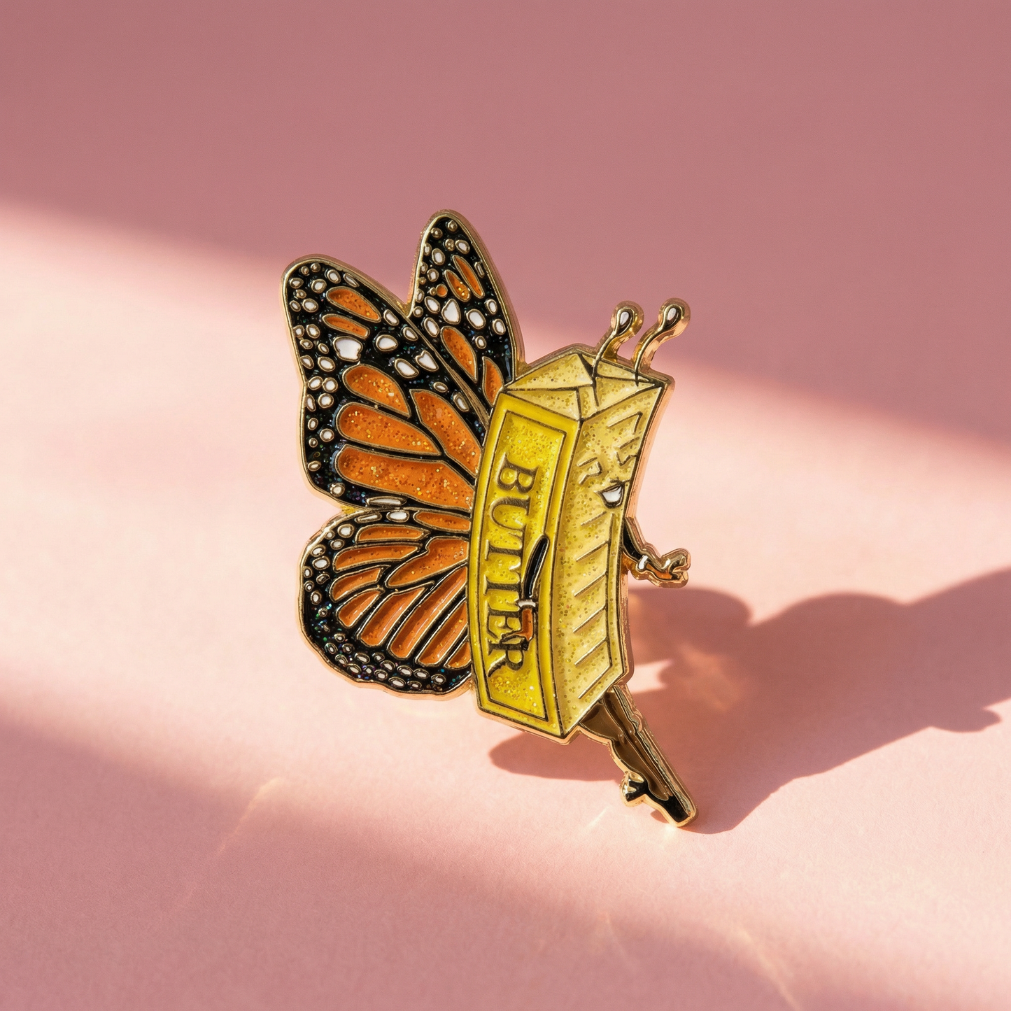 Butter Fly Soft Enamel Pin | Glitter Butter Stick Butterfly Pun Gold Pin
