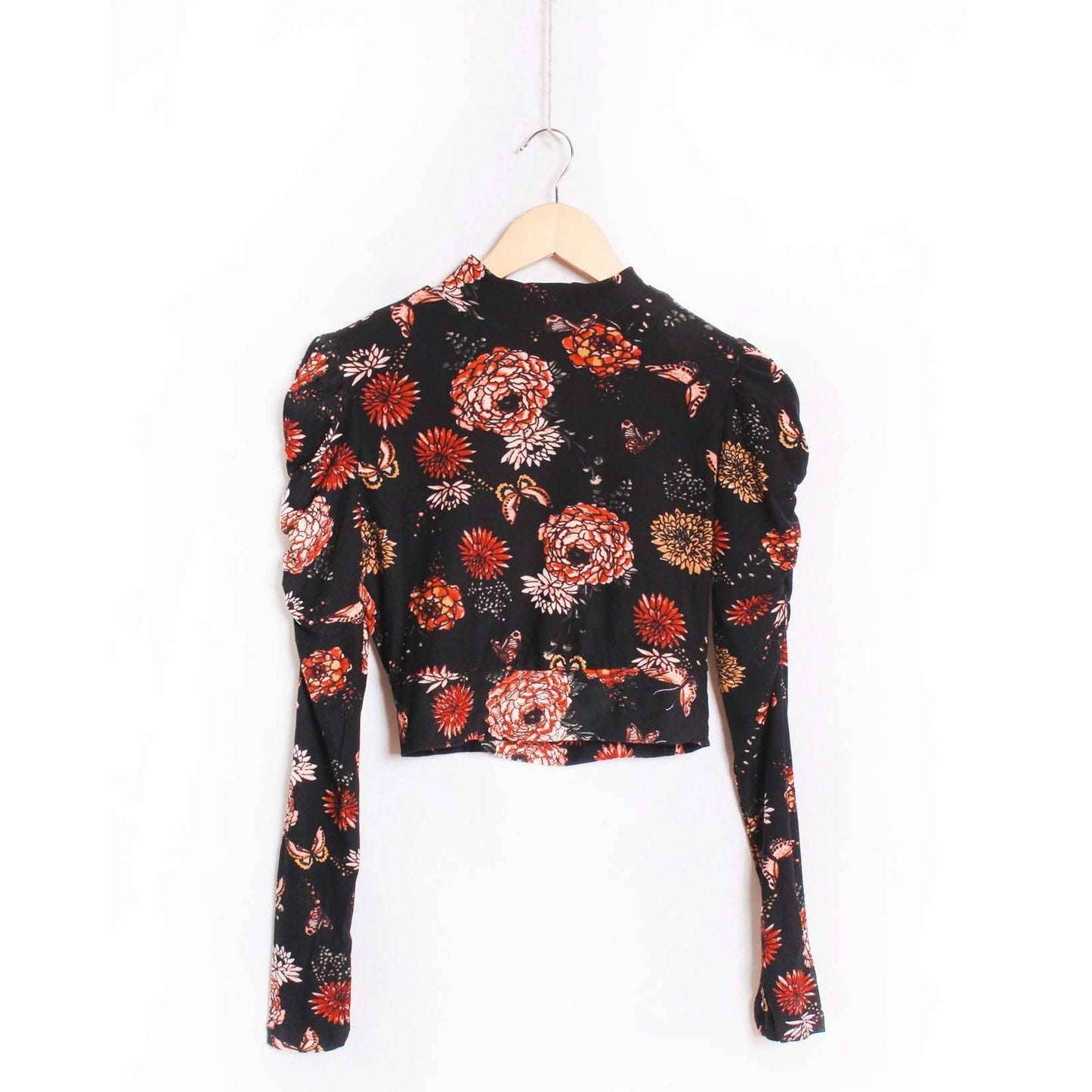 Butterfly Garden Mock Neck Long Sleeve Crop Top [Sizes SM-XL]