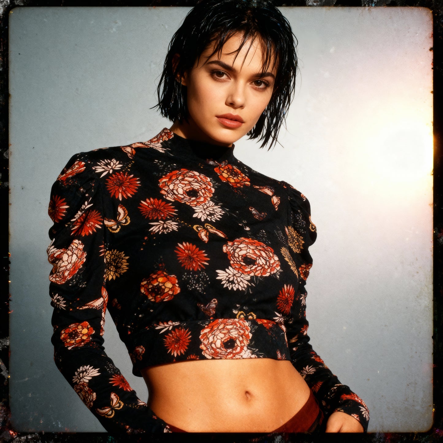 Butterfly Garden Mock Neck Long Sleeve Crop Top [Sizes SM-XL]