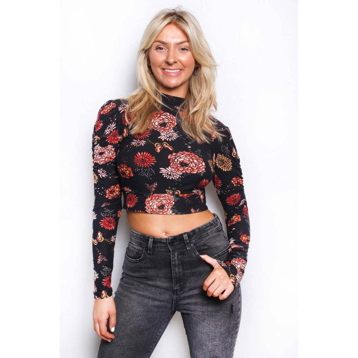 Butterfly Garden Mock Neck Long Sleeve Crop Top [Sizes SM-XL]
