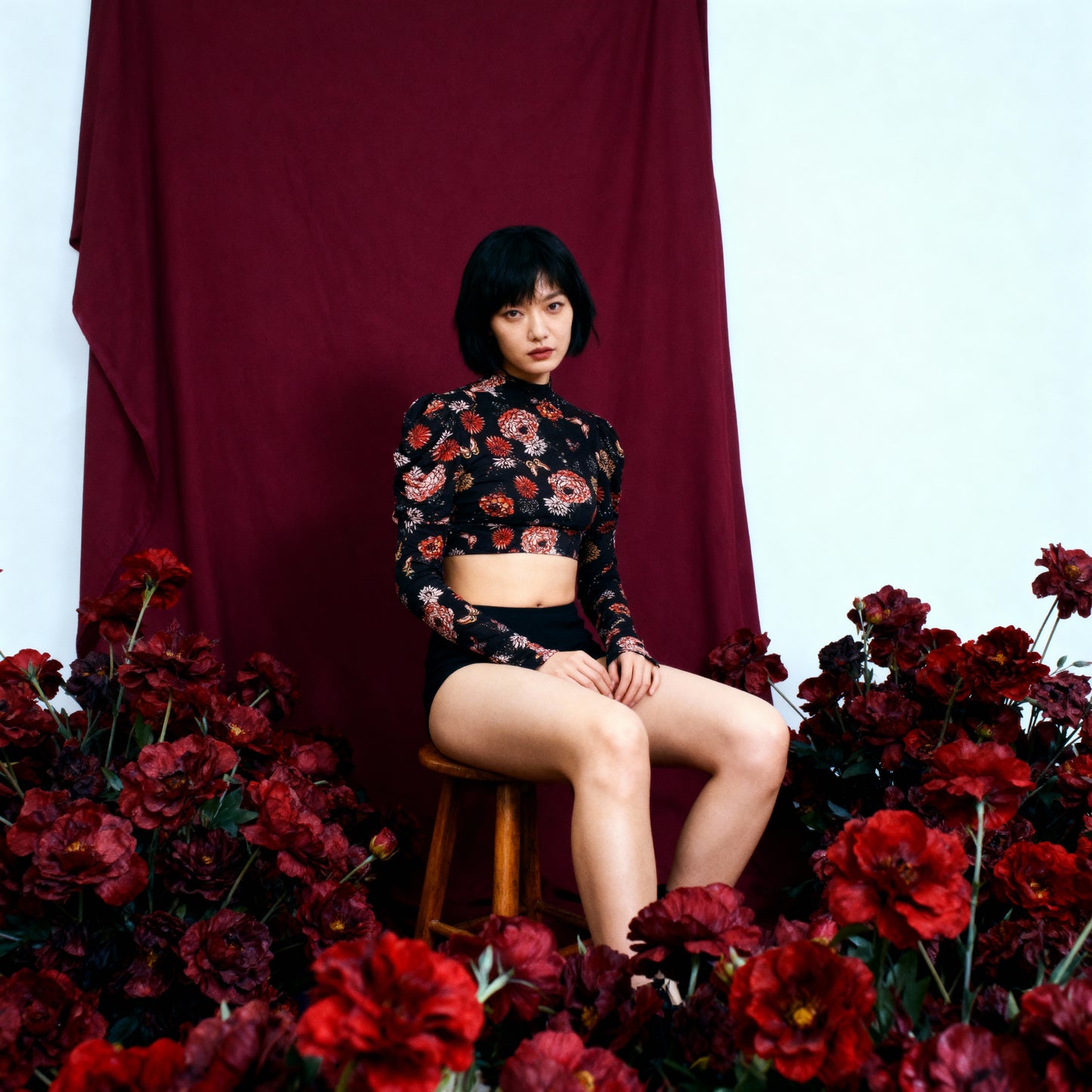 Butterfly Garden Mock Neck Long Sleeve Crop Top [Sizes SM-XL]