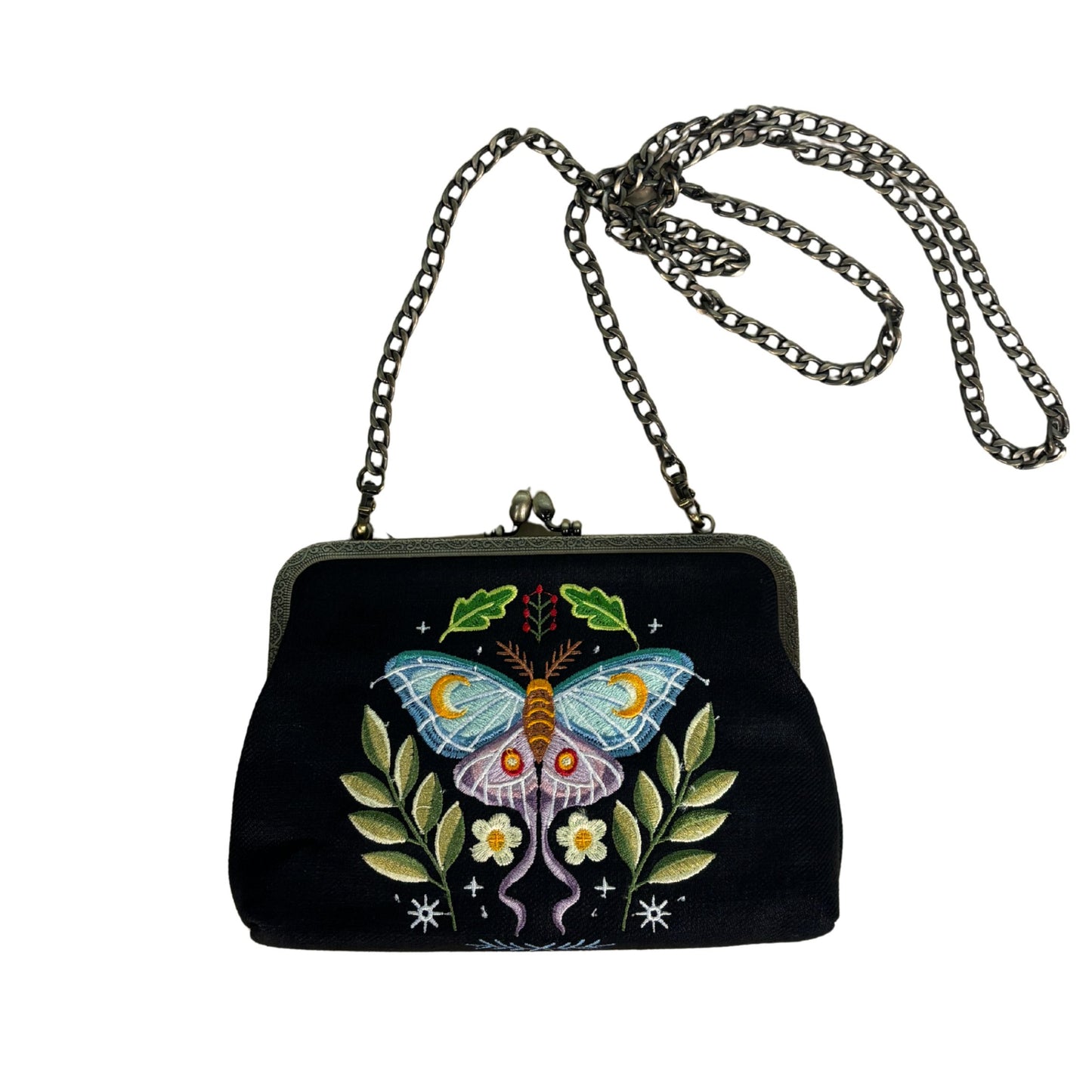 Butterfly Vintage Kisslock Bag | Embroidered Retro Handbag with Chain Strap