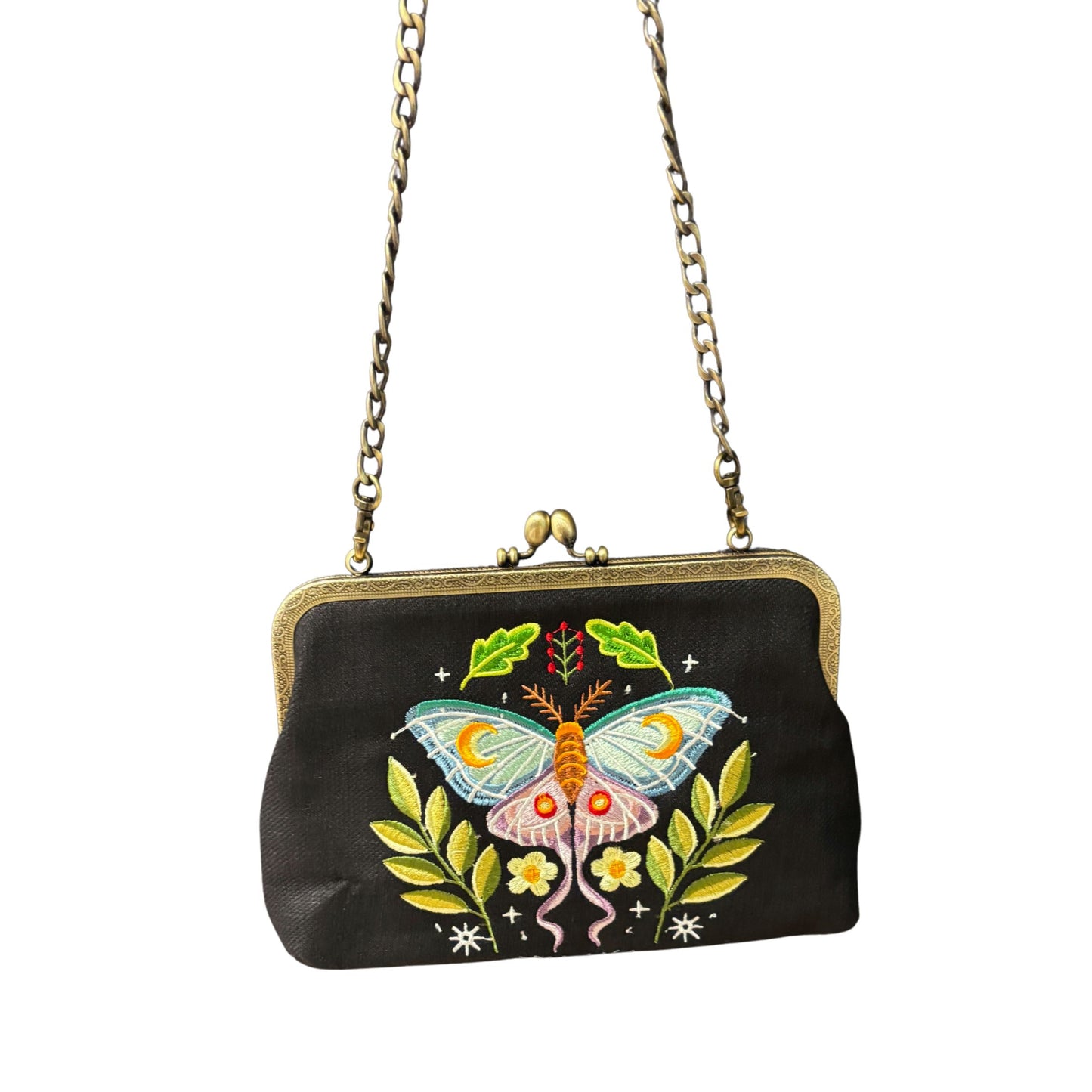 Butterfly Vintage Kisslock Bag | Embroidered Retro Handbag with Chain Strap
