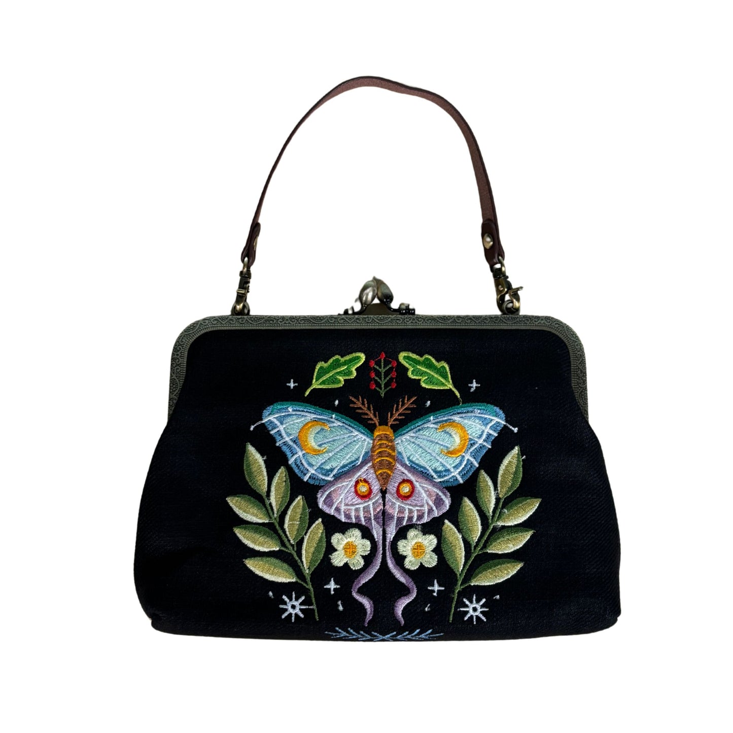 Butterfly Vintage Kisslock Bag | Embroidered Retro Handbag with Chain Strap