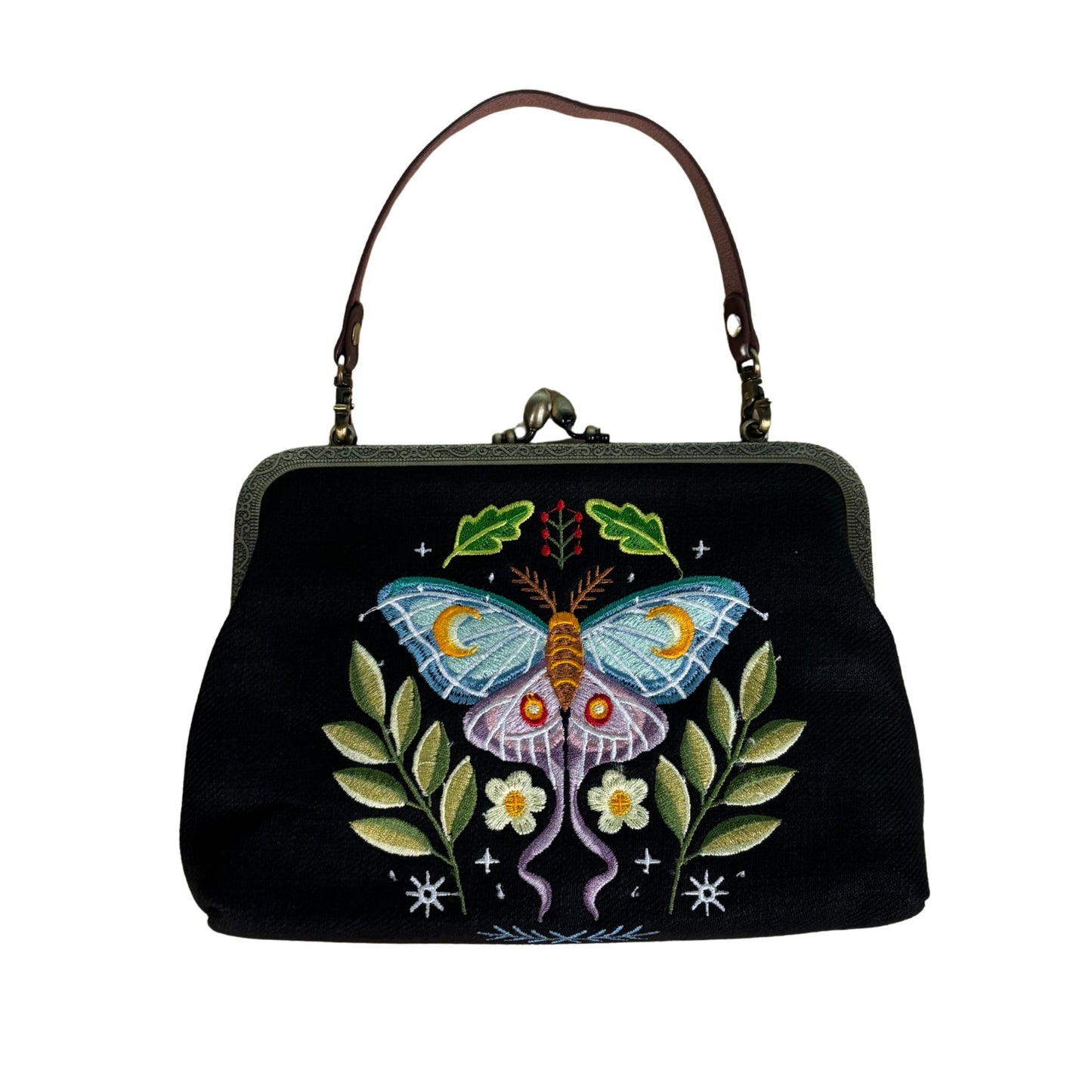 Butterfly Vintage Kisslock Bag | Embroidered Retro Handbag with Chain Strap