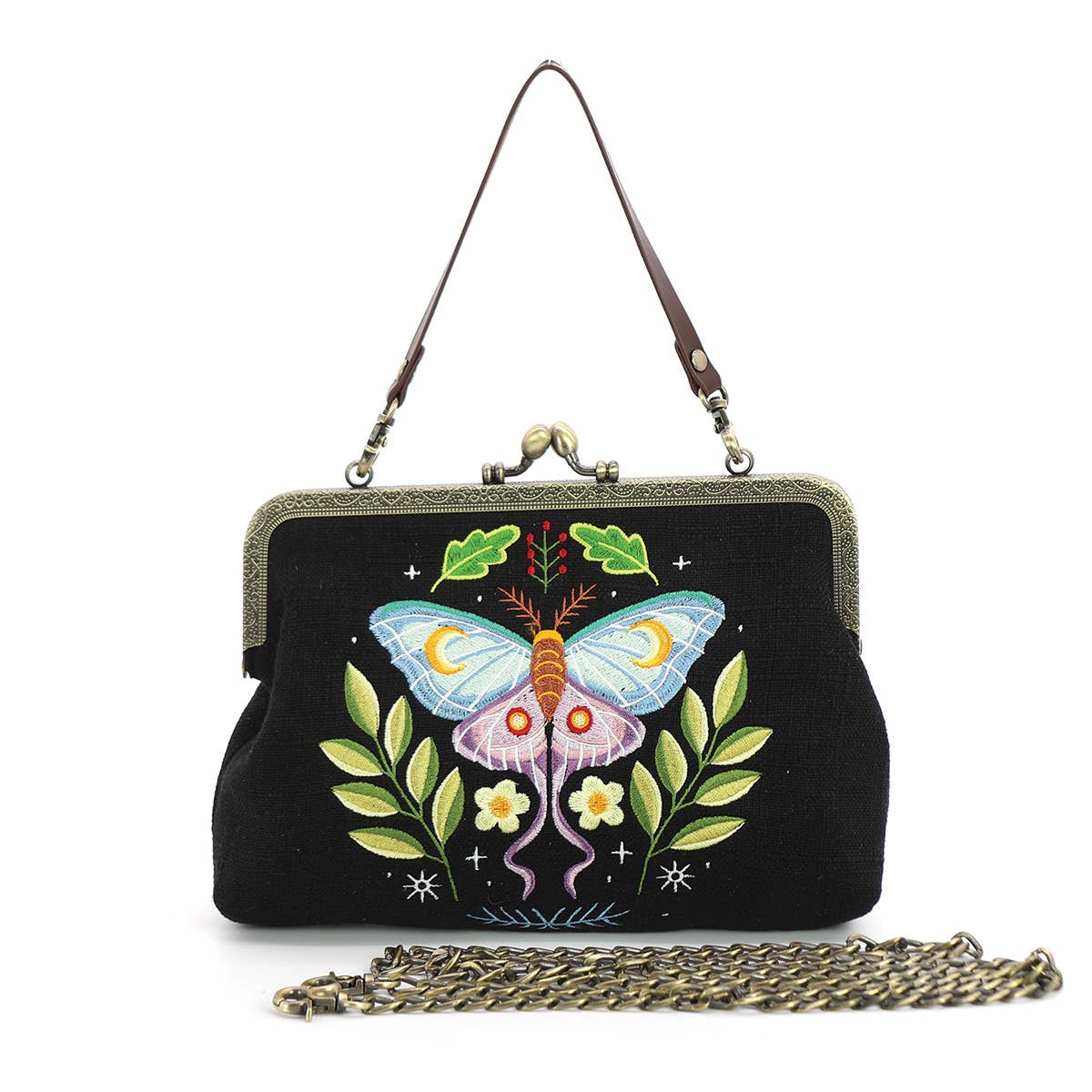 Butterfly Vintage Kisslock Bag | Embroidered Retro Handbag with Chain Strap