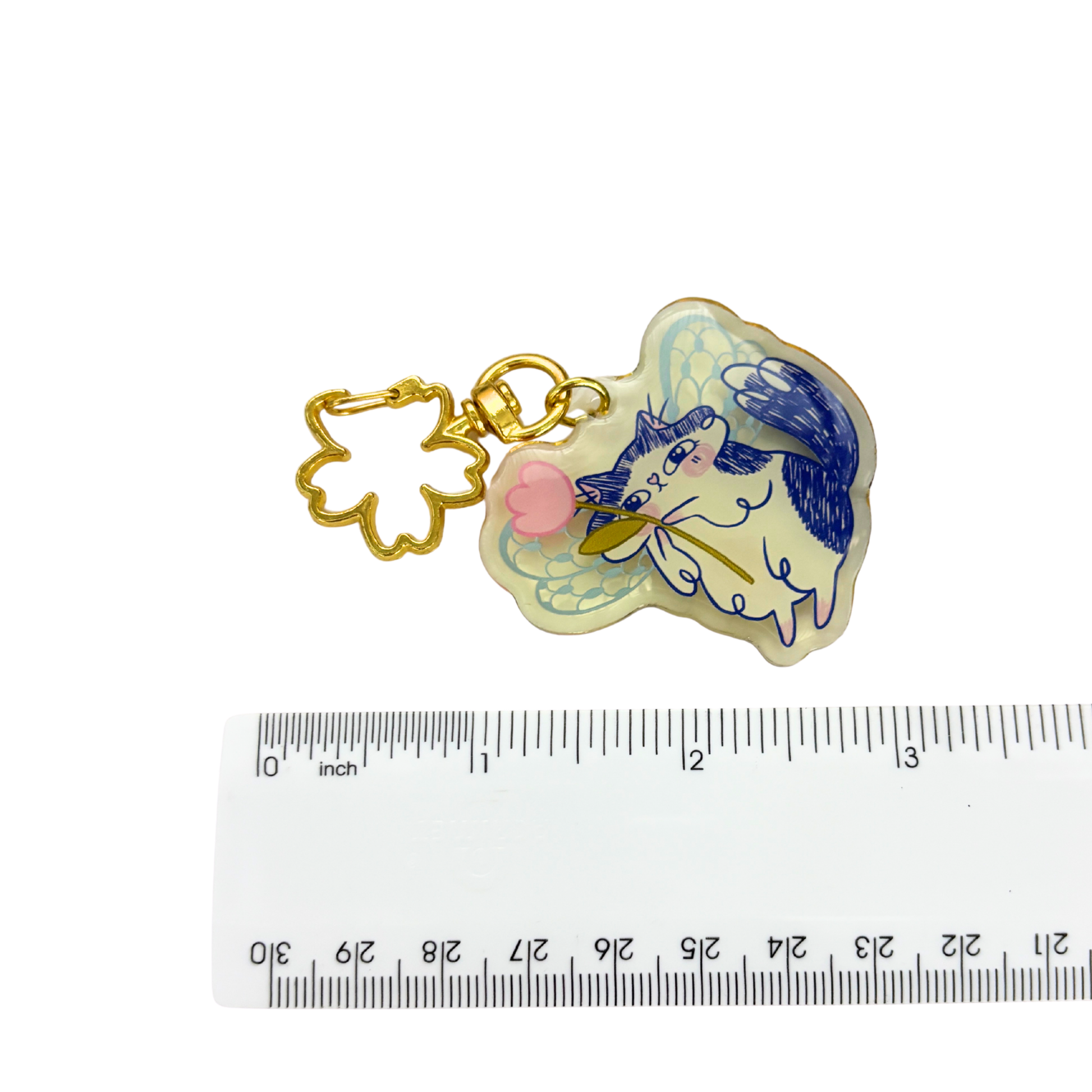 Butterfly Wings Kitty Key or Bag Charm | Semi-Transparent Illustrated Cat | Gold Clasp | 3"