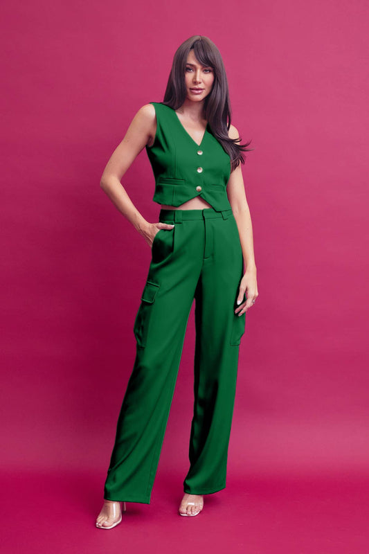 Buttondown Vest  and Pants Set with Pocket in Green [Available in Small & Medium Only]