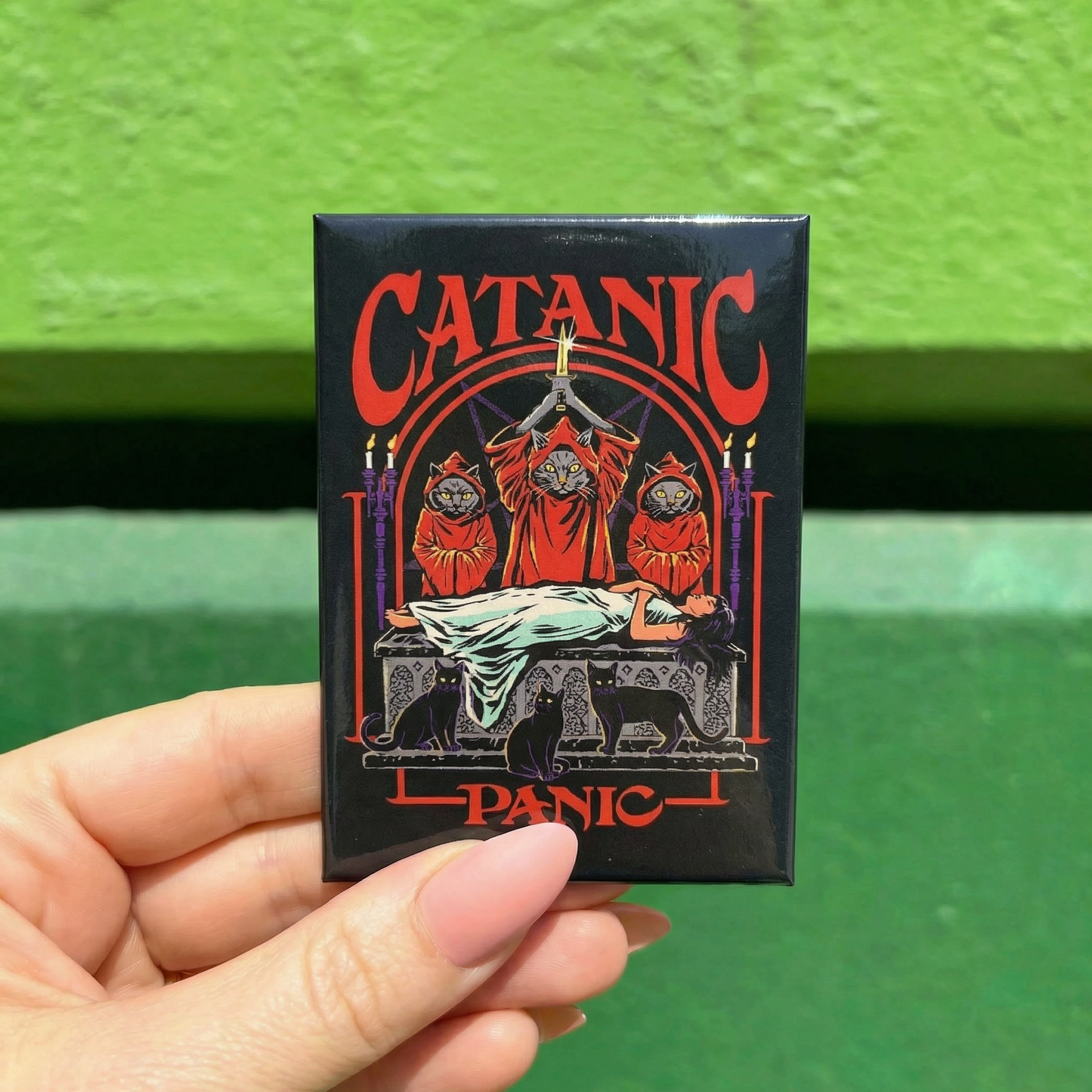CATANIC PANIC Rectangular Magnet | '80s Children's Book Style Satirical Art by Steven Rhodes | 2.5" x 3.5"