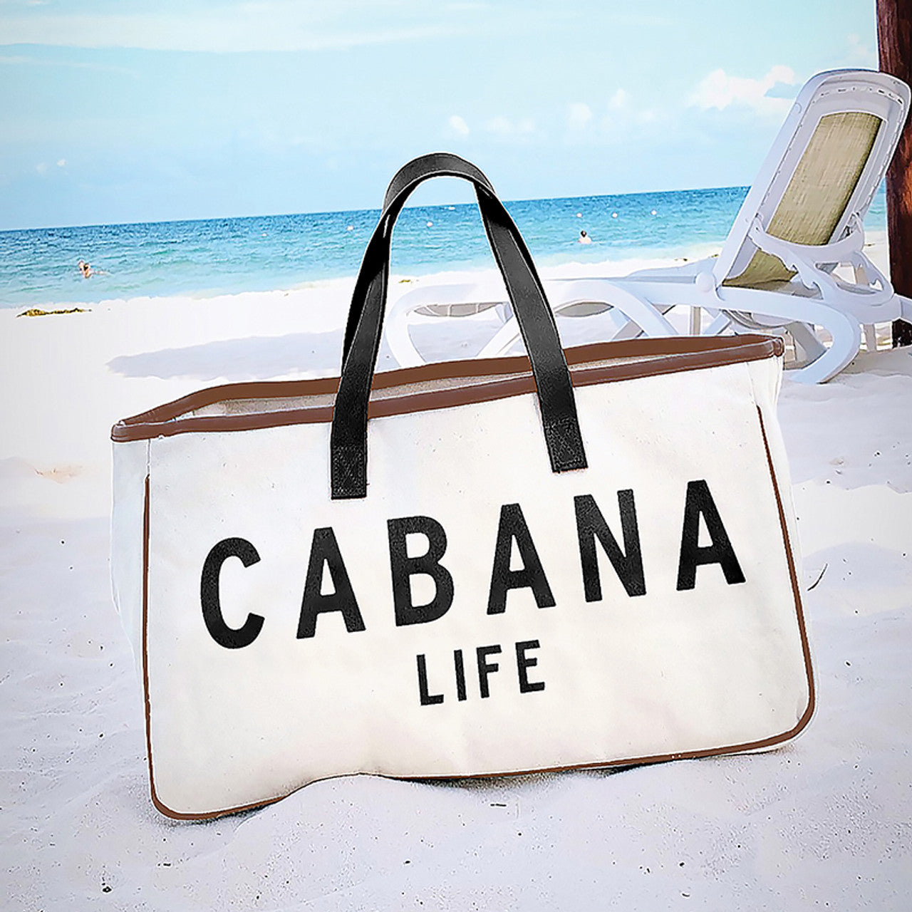 Cabana Life Canvas Tote | Genuine Leather Handles Carry-all Beach Bag | 20" x 11"