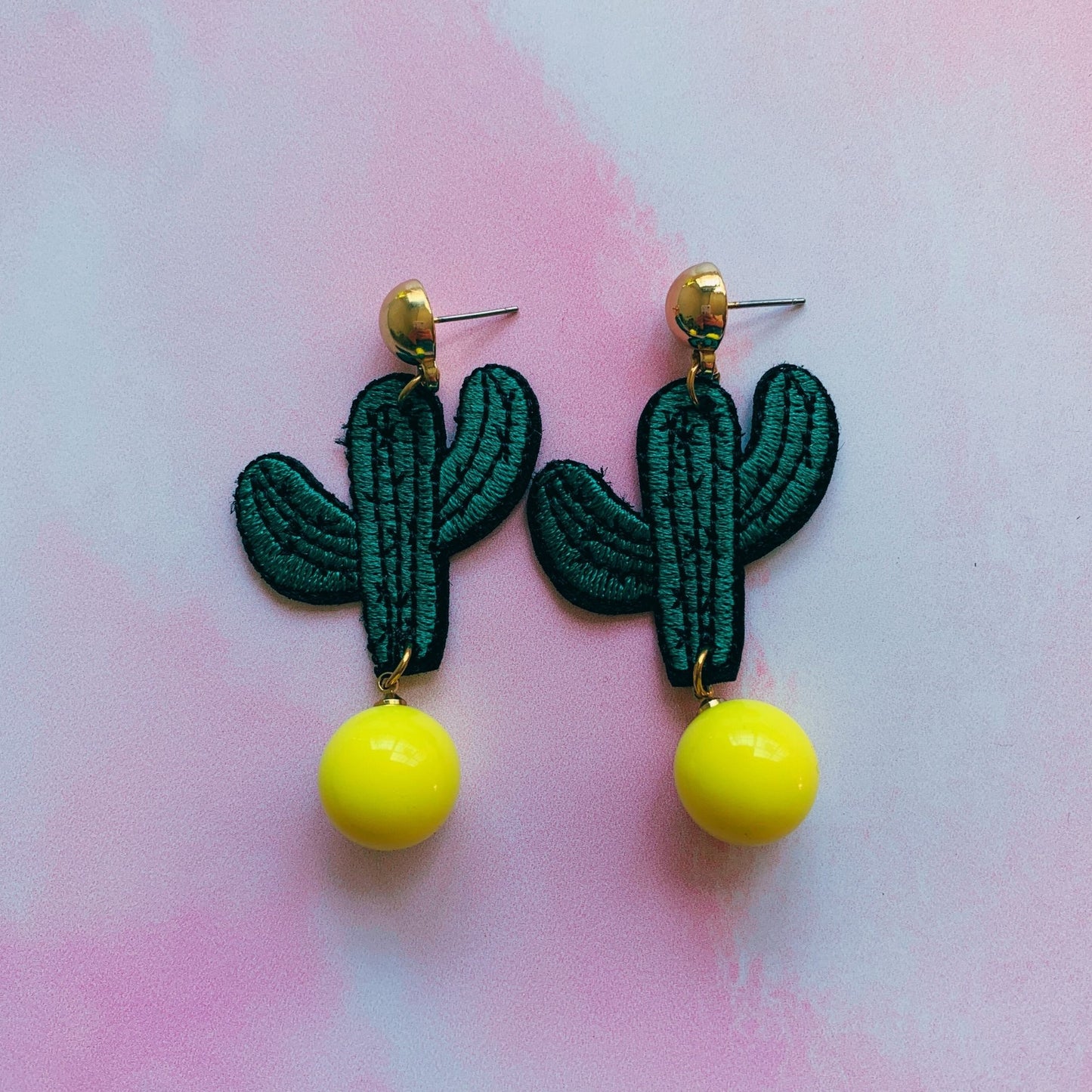 Cactus Applique Earrings in Pink or Yellow