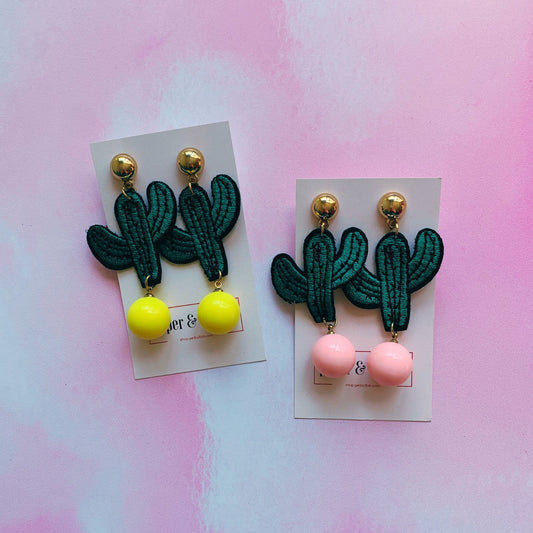 Cactus Applique Earrings in Pink or Yellow