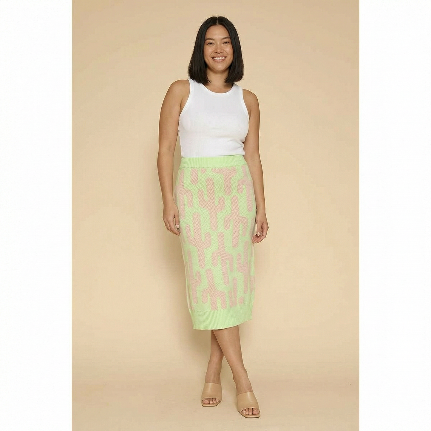 Cactus Knit Midi Skirt | Green Intarsia Cactus Sweater Skirt | Boho Desert Knit Skirt