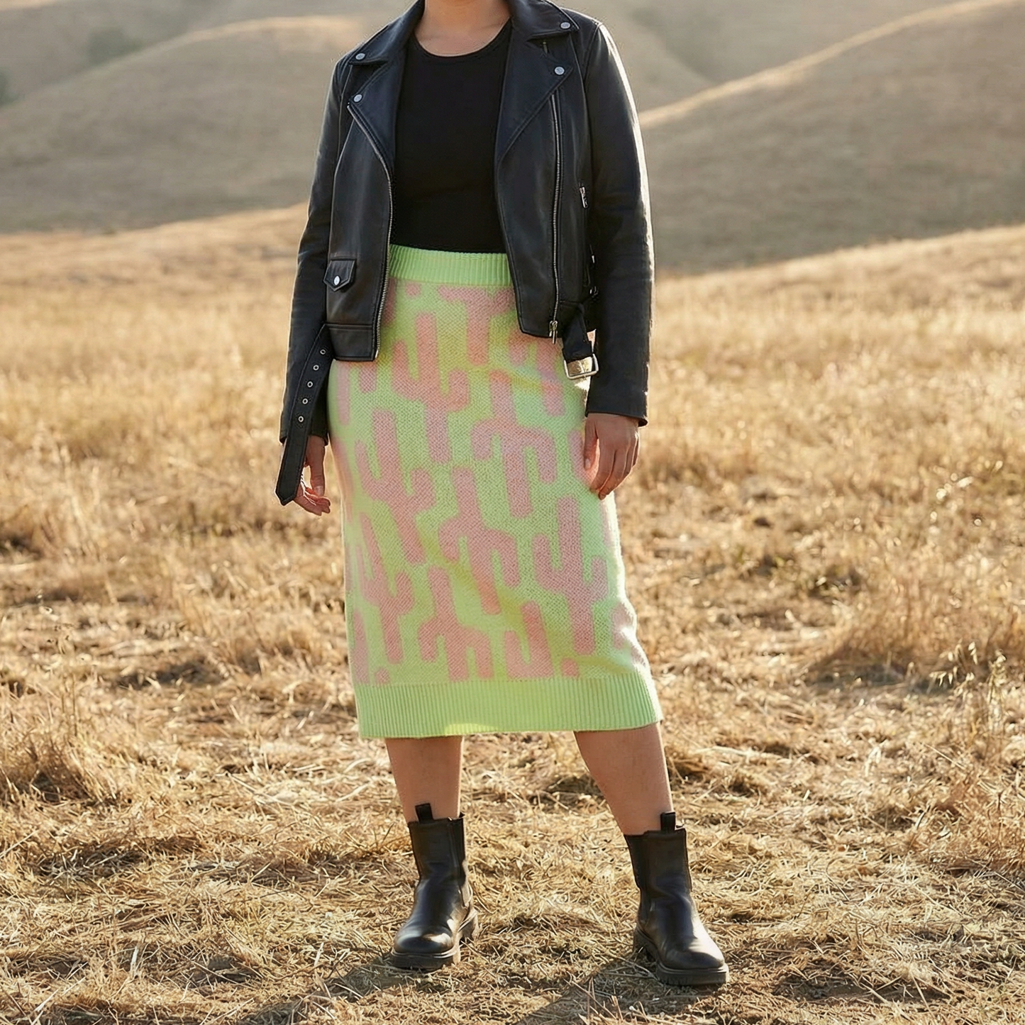 Cactus Knit Midi Skirt | Green Intarsia Cactus Sweater Skirt | Boho Desert Knit Skirt