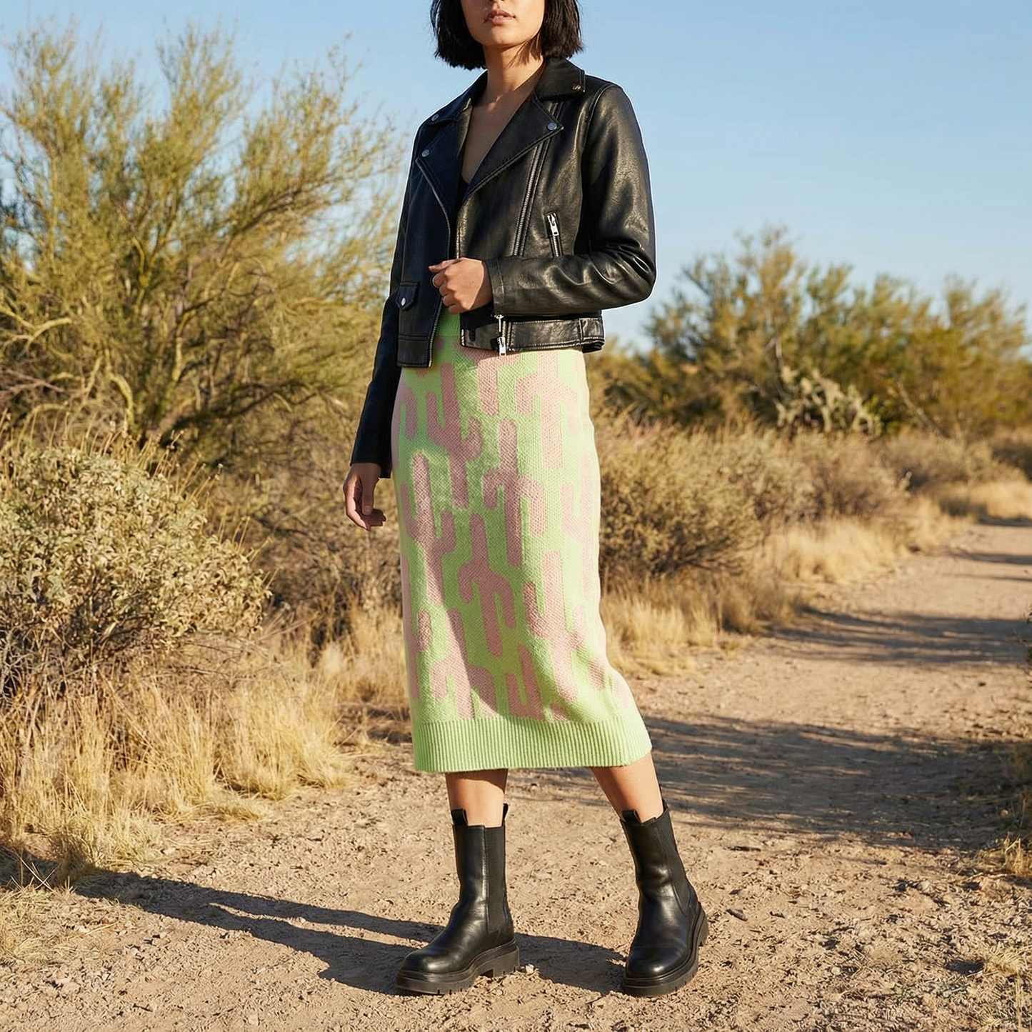 Cactus Knit Midi Skirt | Green Intarsia Cactus Sweater Skirt | Boho Desert Knit Skirt