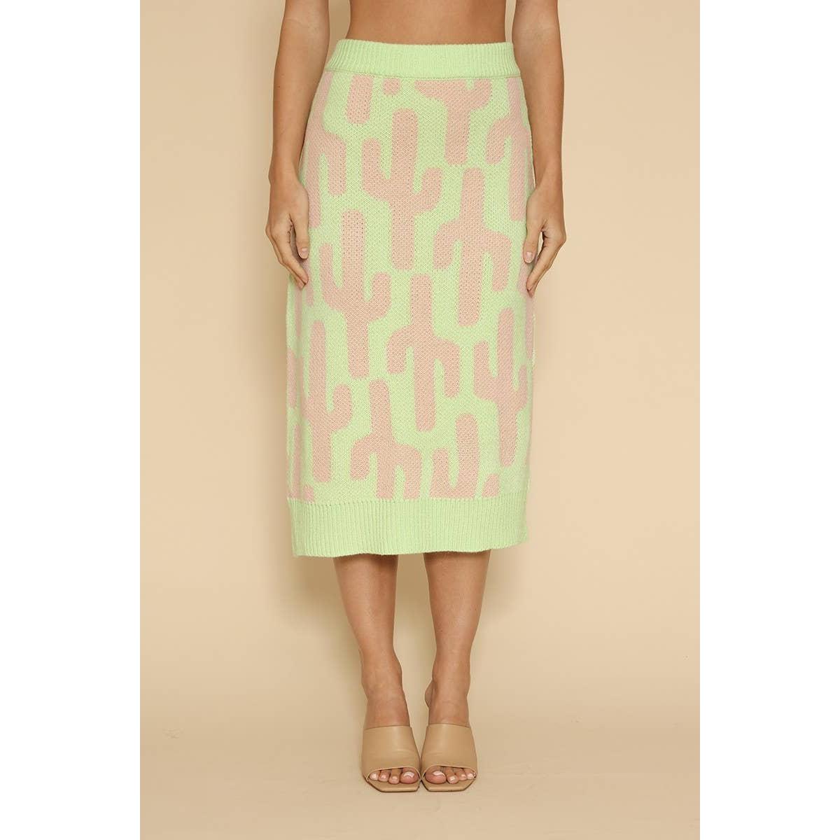 Cactus Knit Midi Skirt | Green Intarsia Cactus Sweater Skirt | Boho Desert Knit Skirt