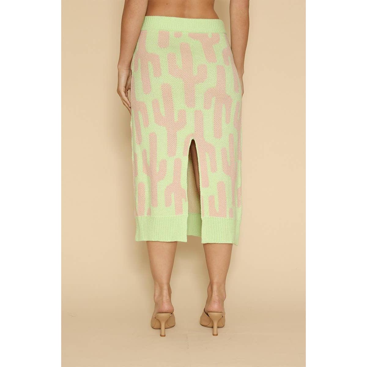 Cactus Knit Midi Skirt | Green Intarsia Cactus Sweater Skirt | Boho Desert Knit Skirt