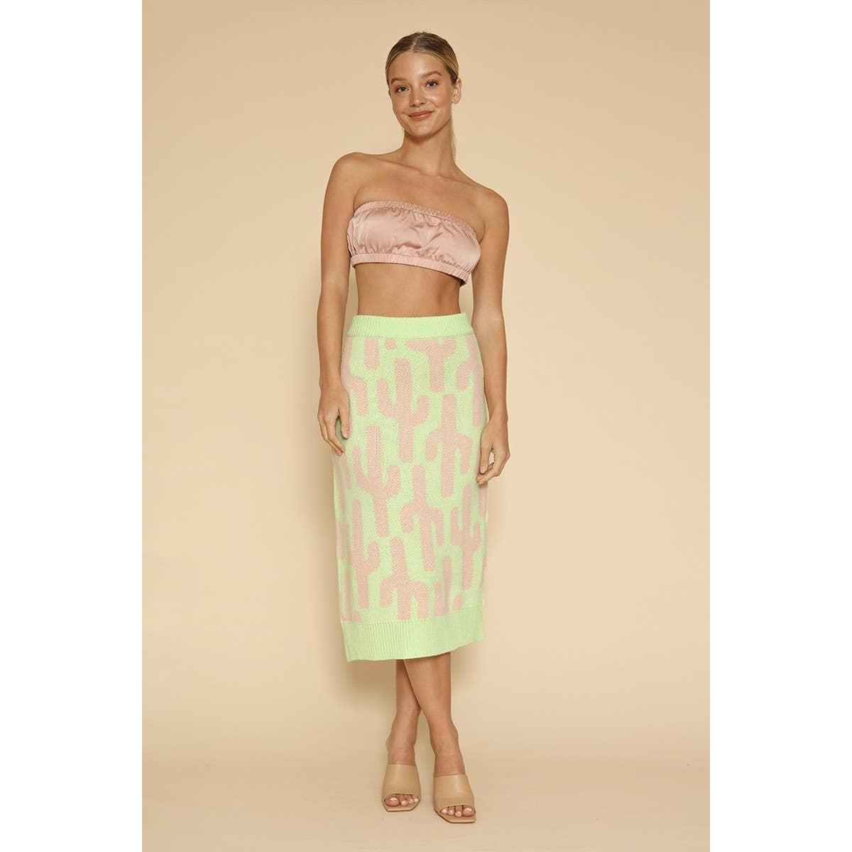 Cactus Knit Midi Skirt | Green Intarsia Cactus Sweater Skirt | Boho Desert Knit Skirt