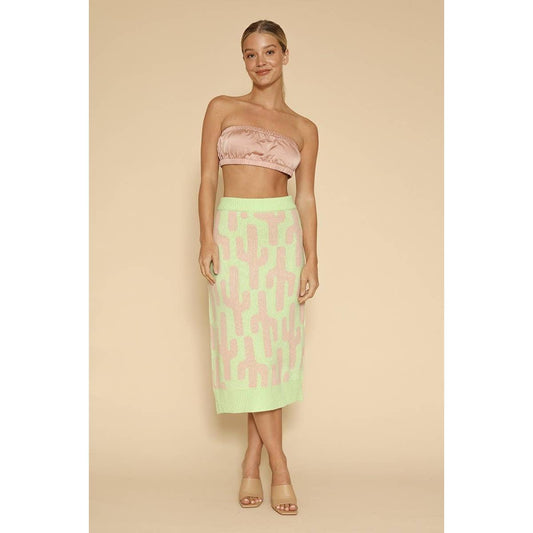 Cactus Knit Midi Skirt | Green Intarsia Cactus Sweater Skirt | Boho Desert Knit Skirt