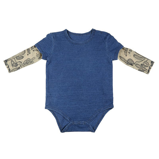 Cactus Tattoo Snapshirt Baby Bodysuit in Blue | Unisex Infant Size 6-12 Months | Cowboy Western Funny Full Sleeve Tattoo Infant Shirt
