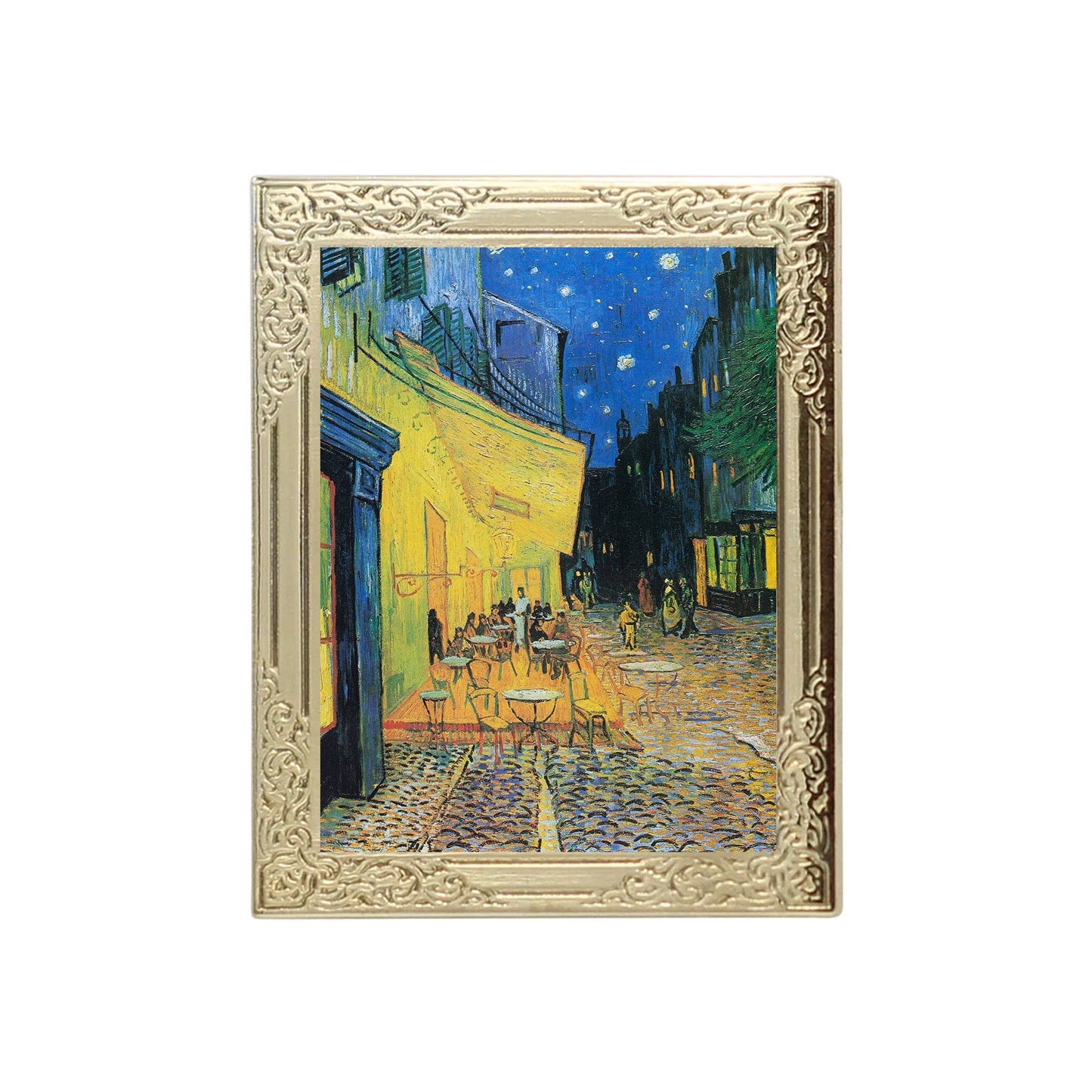 Lapel pin of framed artwork of a street scene with people at tables, likely inspired by Van Gogh's style.