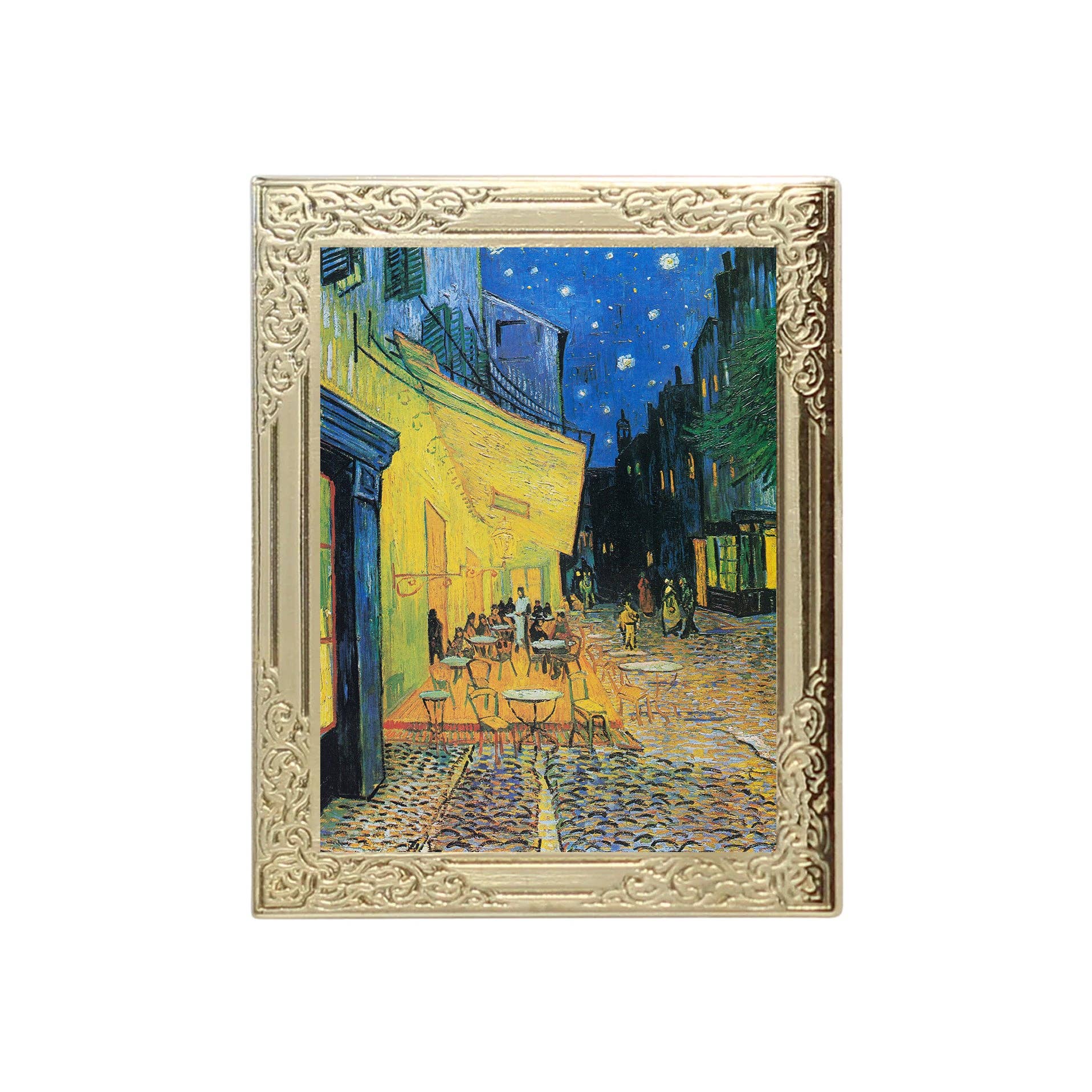 Lapel pin of framed artwork of a street scene with people at tables, likely inspired by Van Gogh's style.