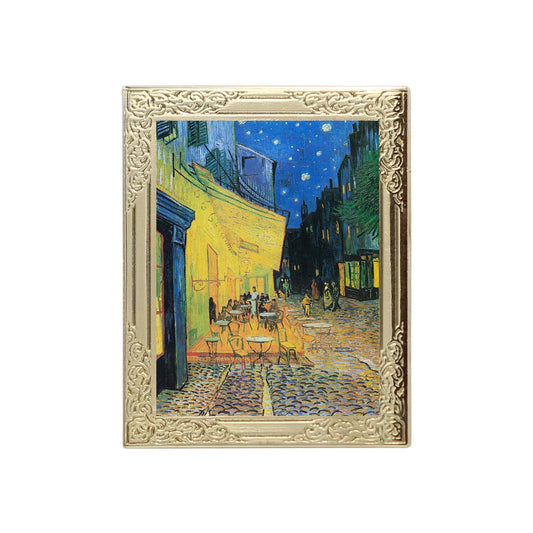 Lapel pin of framed artwork of a street scene with people at tables, likely inspired by Van Gogh's style.