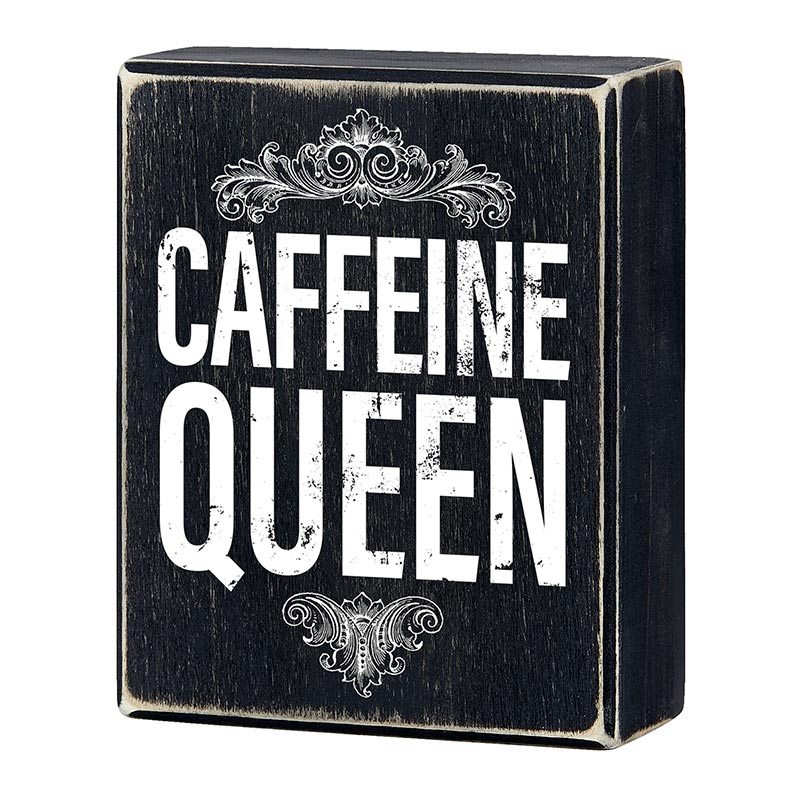 Caffeine Queen Box Sign in Black | Funny Rustic Wall Wooden Box Sign Decor