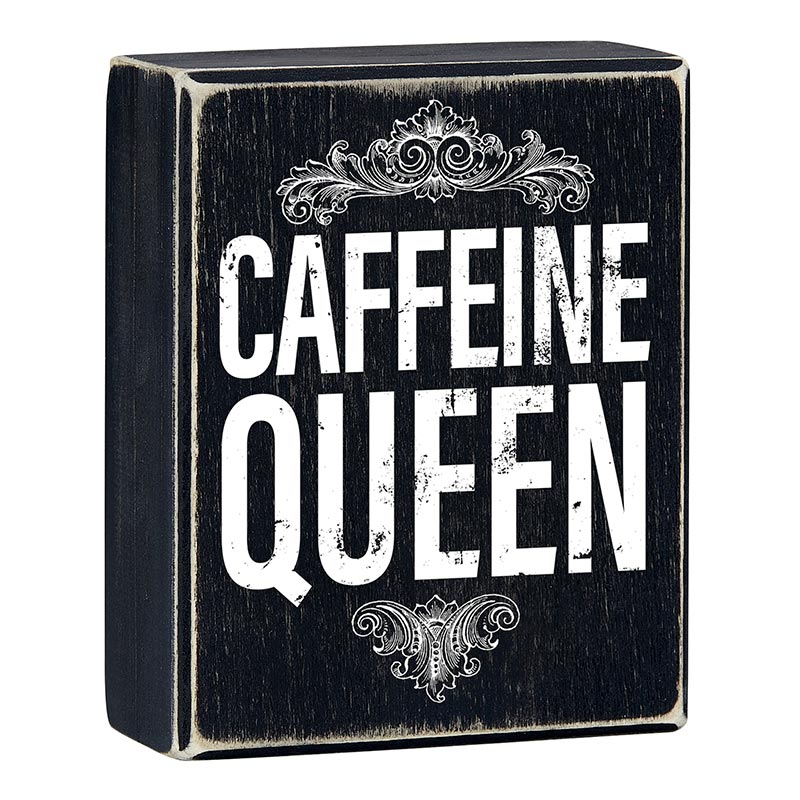 Caffeine Queen Box Sign in Black | Funny Rustic Wall Wooden Box Sign Decor